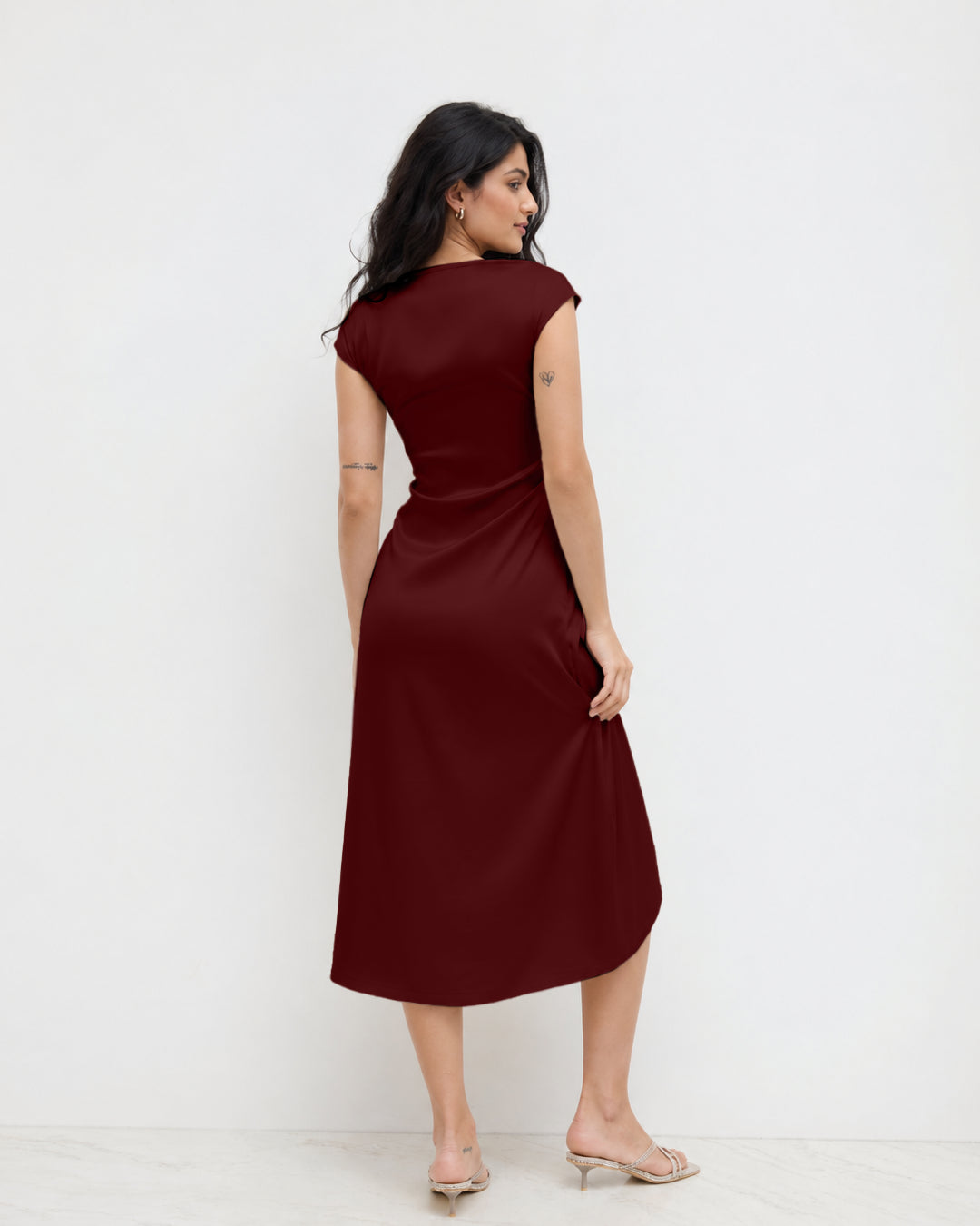 Ruched Drape Midi Dress in Merlot