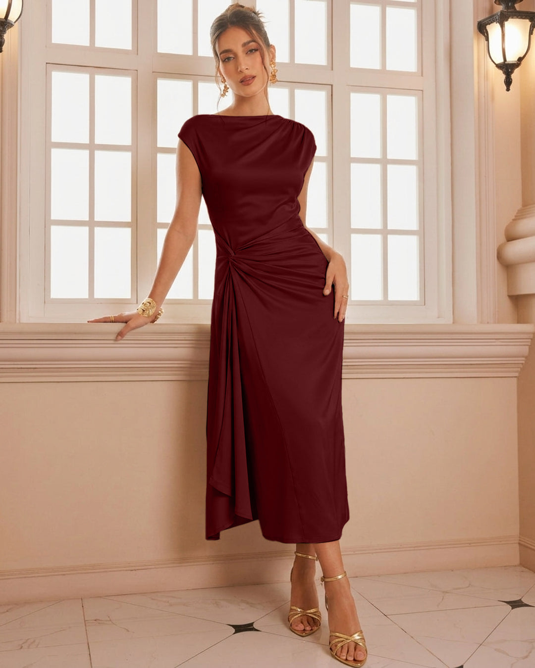Ruched Drape Midi Dress in Merlot