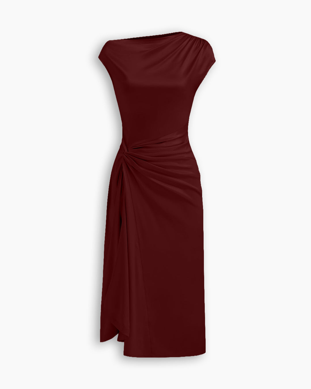 Ruched Drape Midi Dress in Merlot