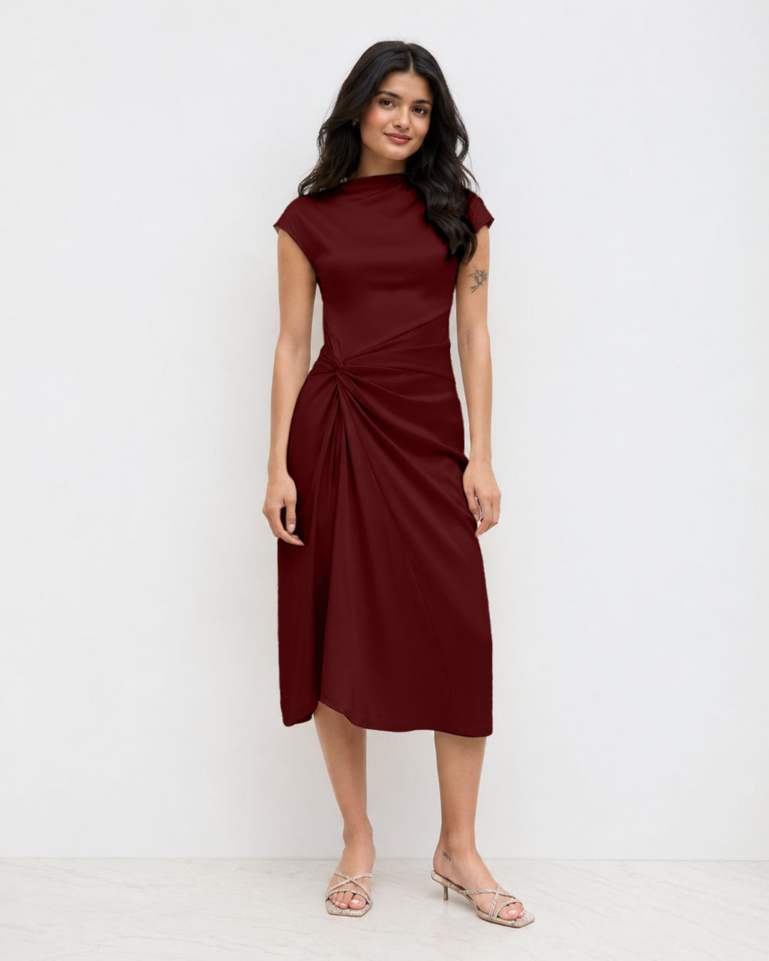 Ruched Drape Midi Dress in Merlot