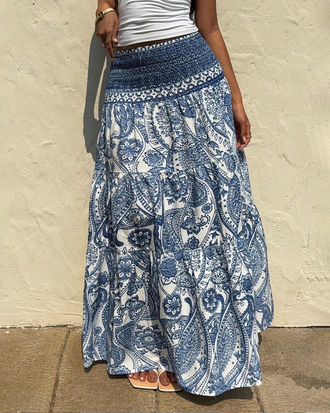 Bohemian Print Smocked Maxi Skirt in Dusty Blue