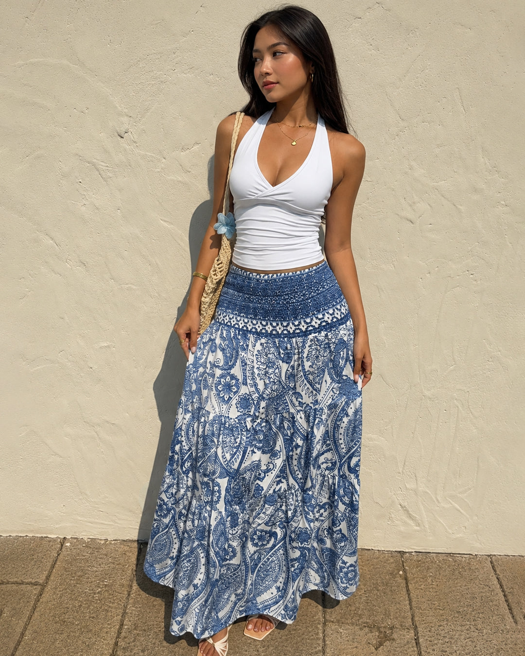 Bohemian Print Smocked Maxi Skirt in Dusty Blue