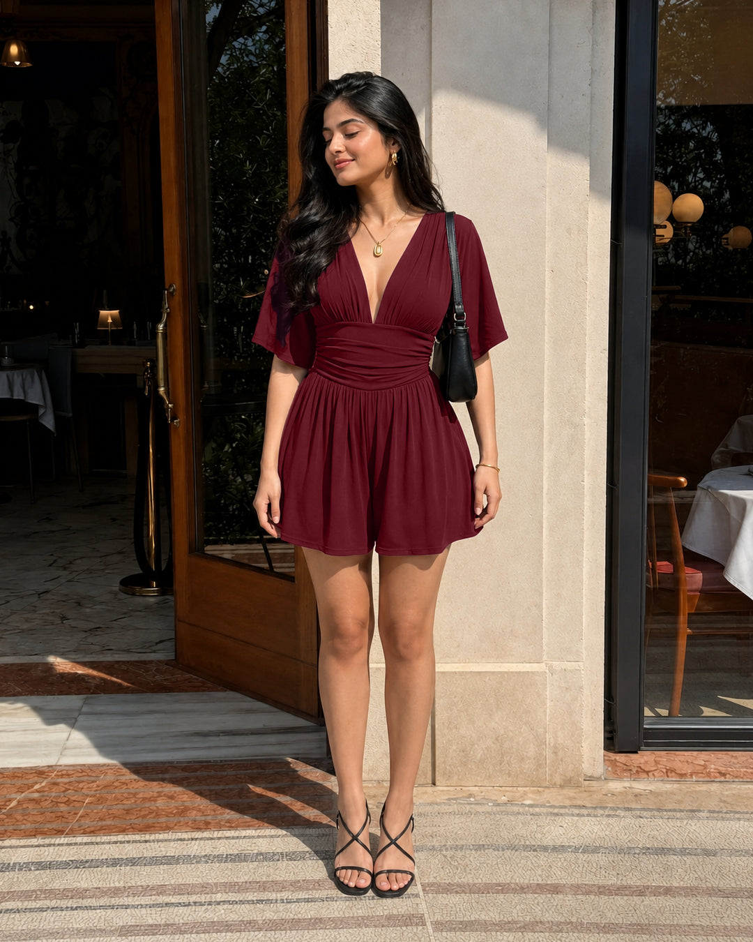 Ruched Plunge Neck Flutter Sleeve Romper in Cherry