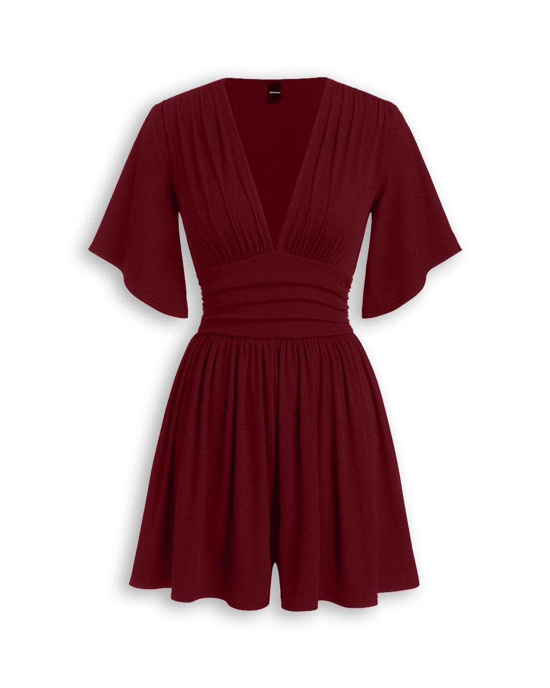 Ruched Plunge Neck Flutter Sleeve Romper in Cherry