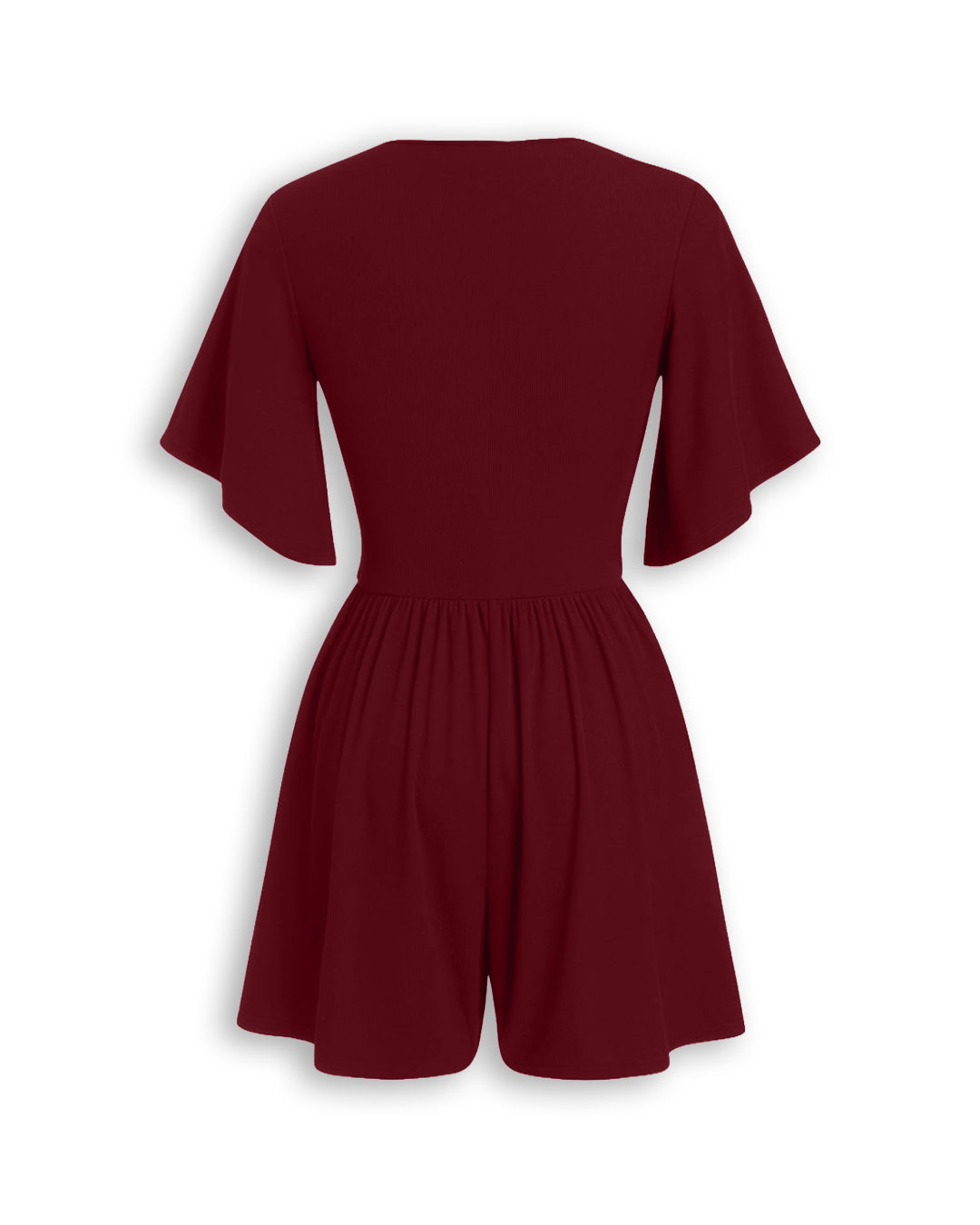Ruched Plunge Neck Flutter Sleeve Romper in Cherry