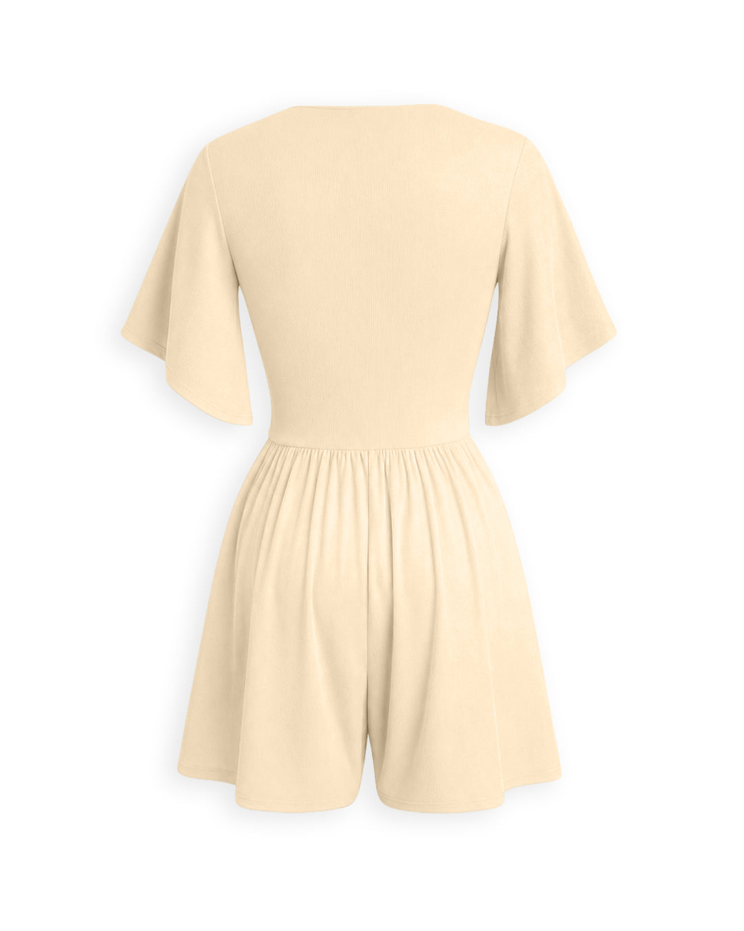Ruched Plunge Neck Flutter Sleeve Romper in Apricot