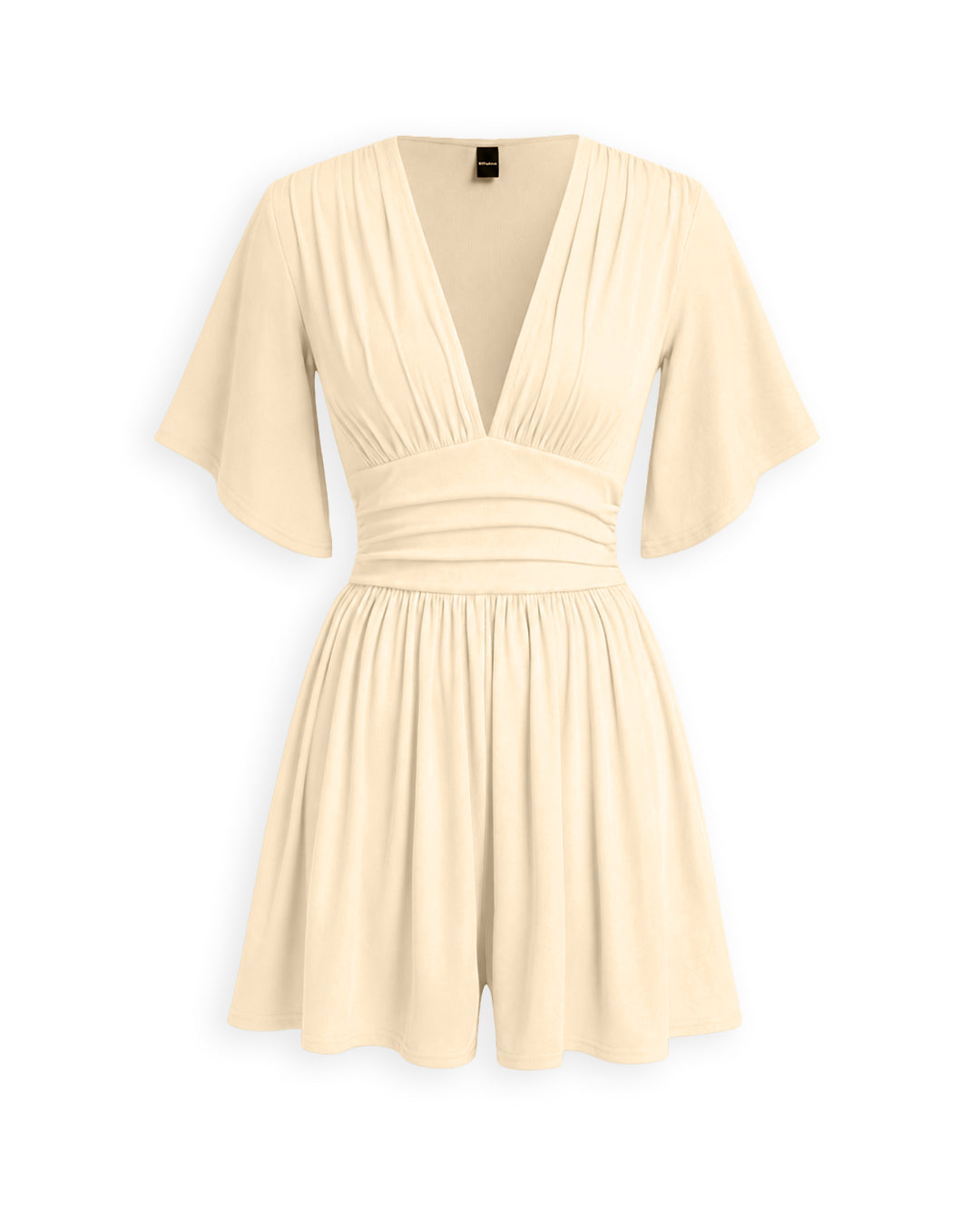 Ruched Plunge Neck Flutter Sleeve Romper in Apricot