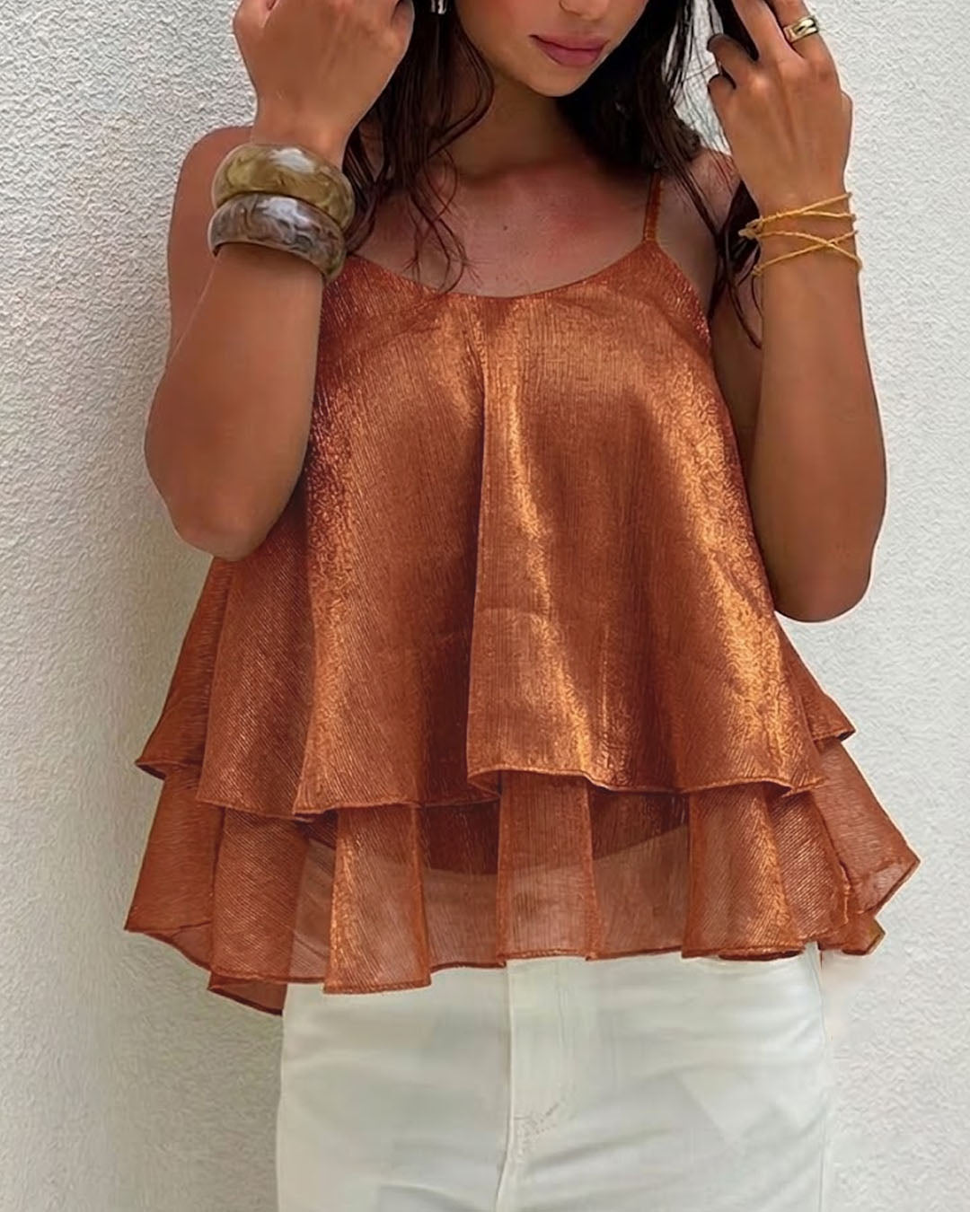 Layered Ruffle Cami Top in Rust Orange