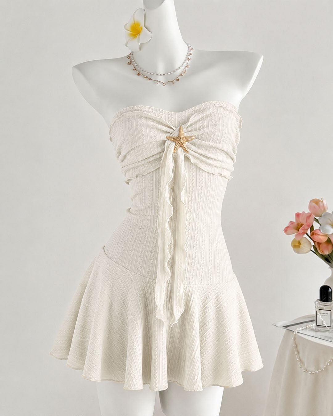 Starfish Detail Ruched Strapless Mini Dress in Pearl White