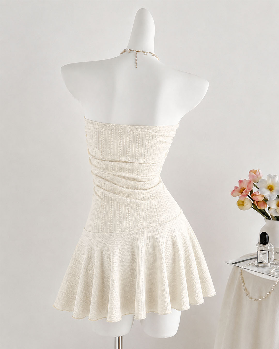 Starfish Detail Ruched Strapless Mini Dress in Pearl White