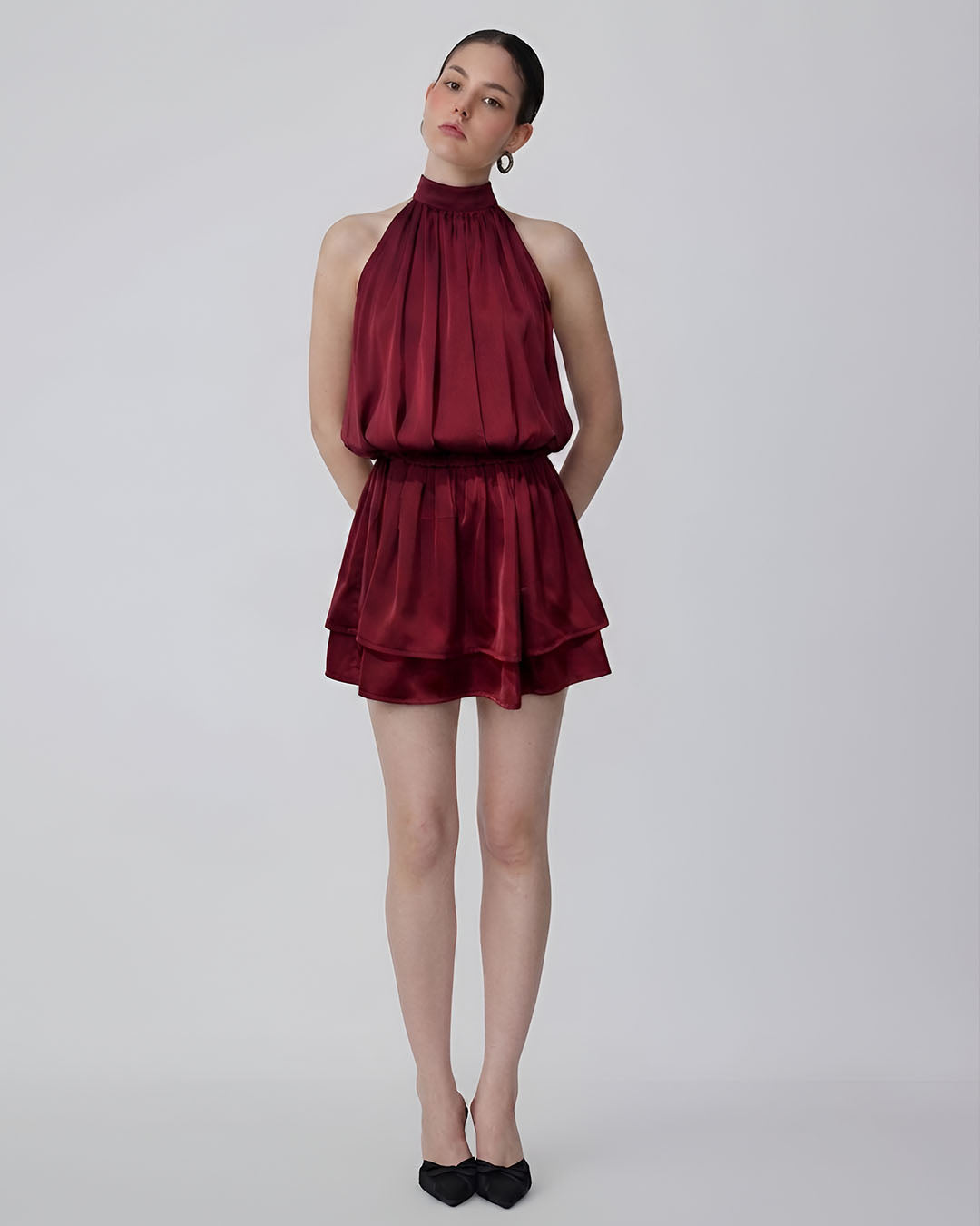 Tiered Halter Mini Dress in Burgundy