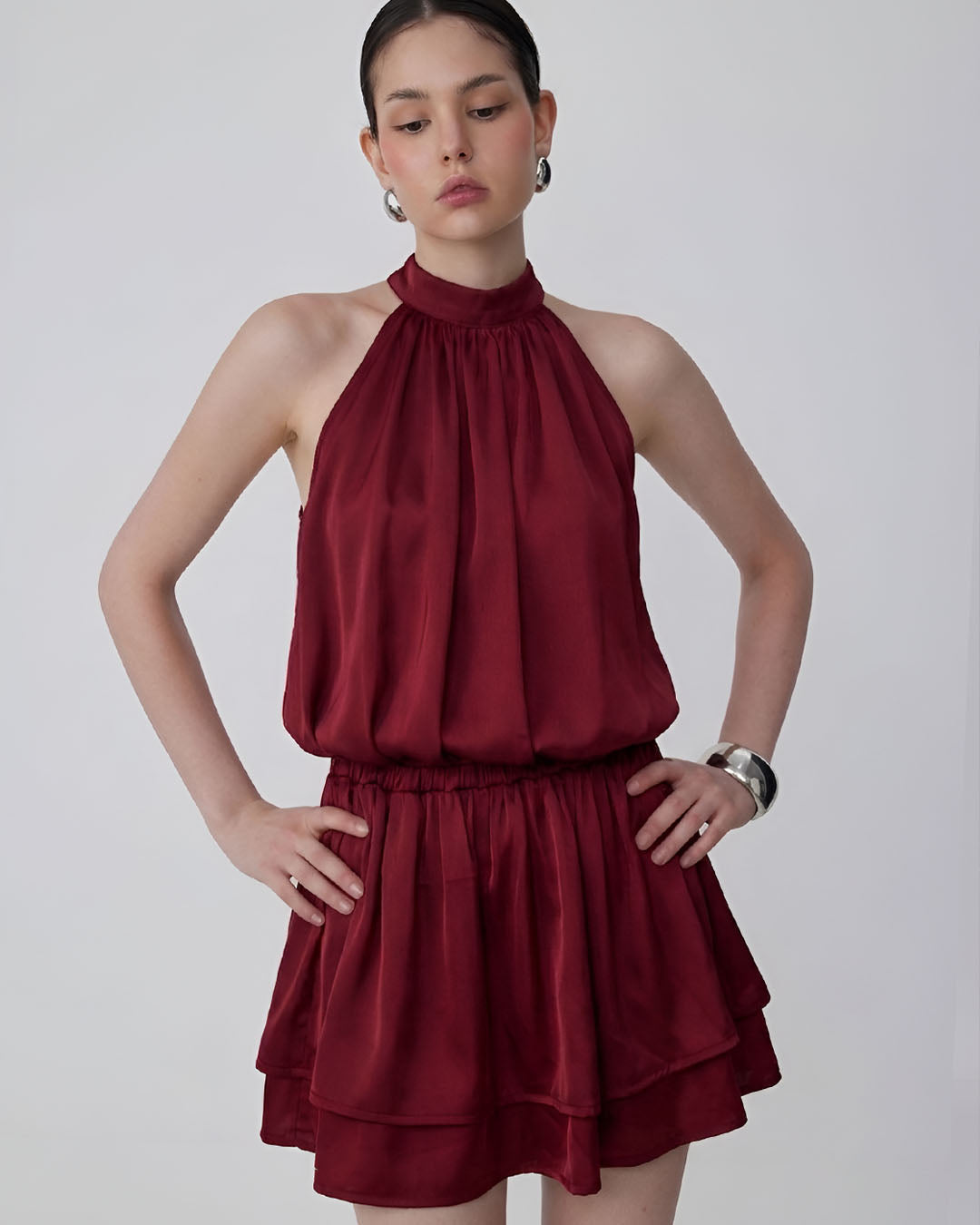 Tiered Halter Mini Dress in Burgundy