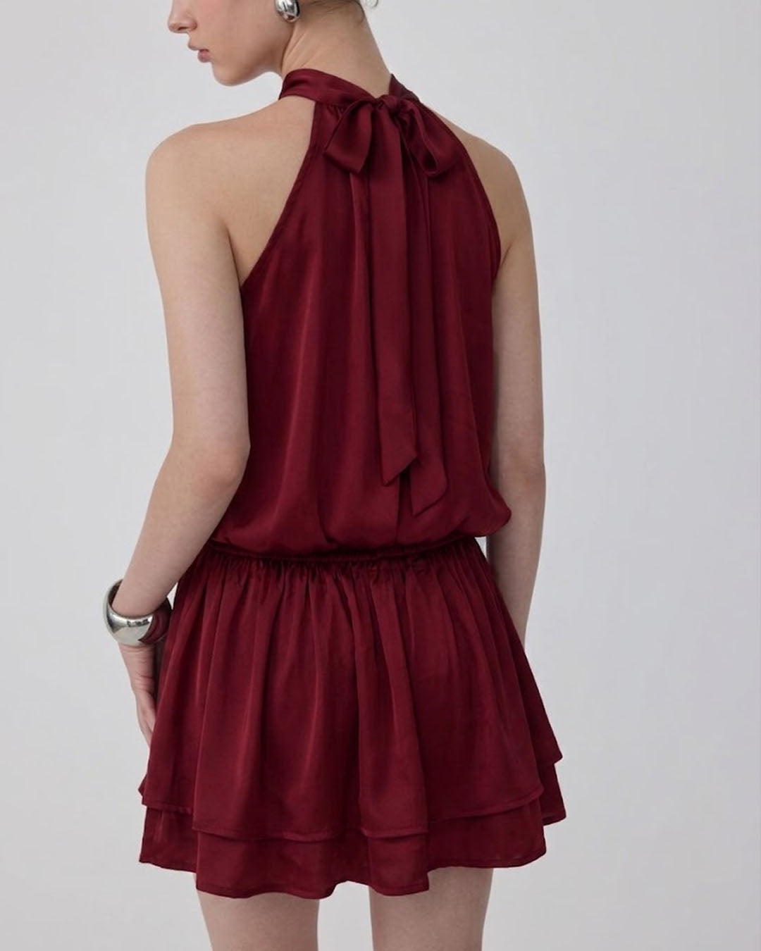 Tiered Halter Mini Dress in Burgundy