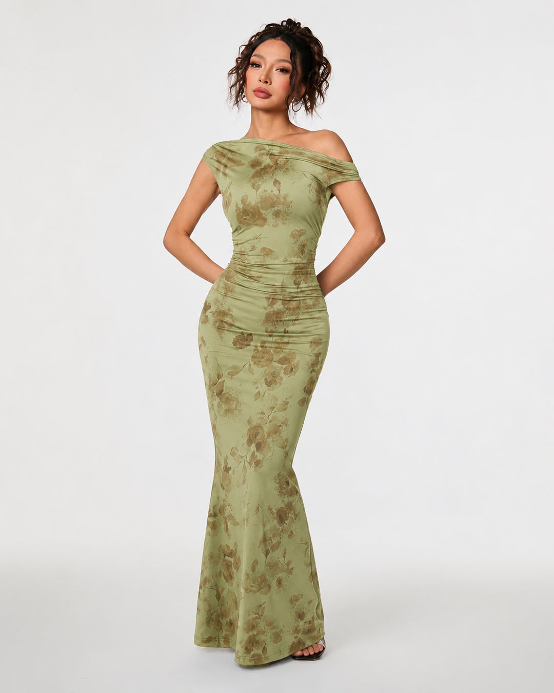 Ruched Asymmetrical Off Shoulder Maxi Dress in Sage Green