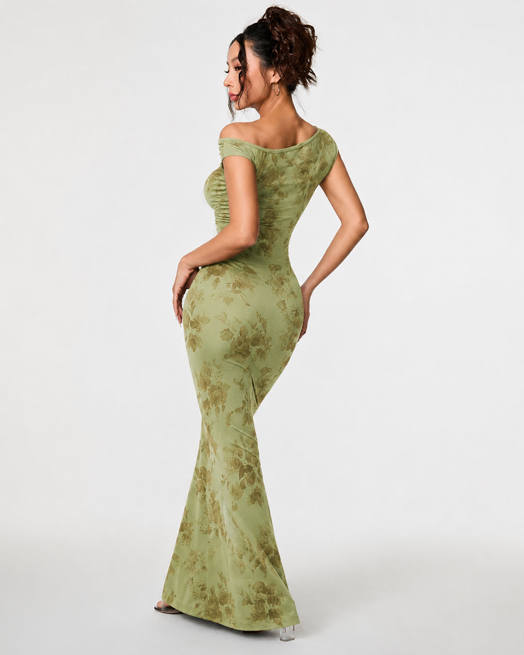 Ruched Asymmetrical Off Shoulder Maxi Dress in Sage Green
