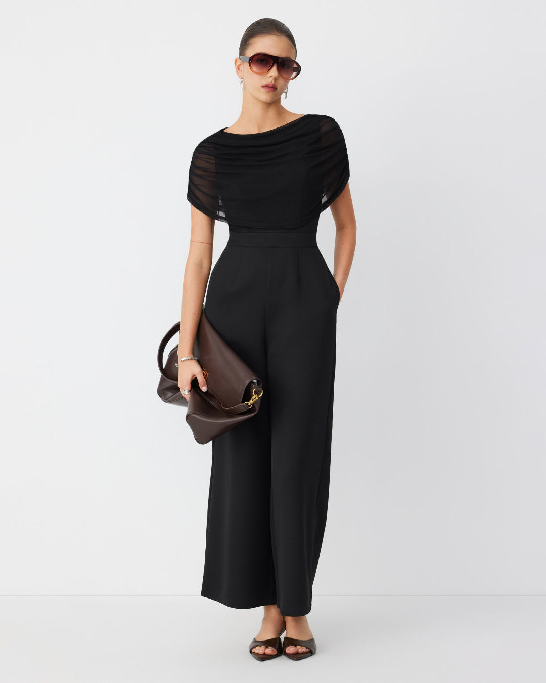 Draped Overlay Wide Leg Jumpsuit in Soft Black