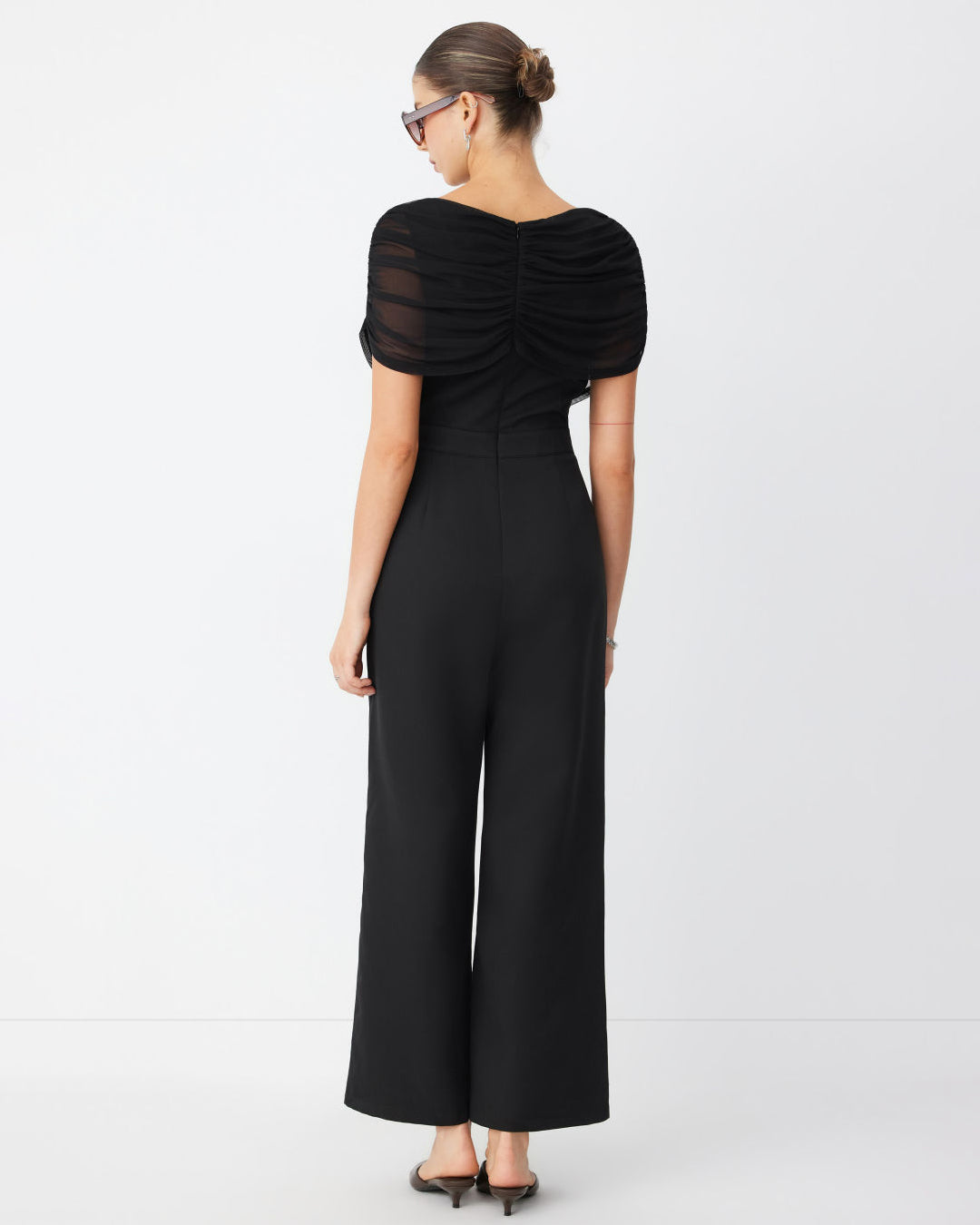 Draped Overlay Wide Leg Jumpsuit in Soft Black
