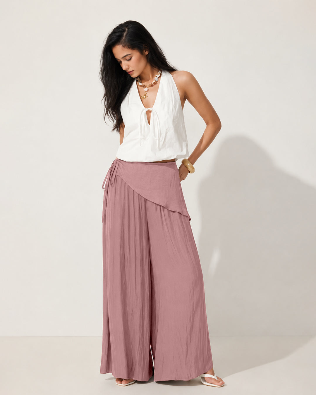 Wrap Overlay Wide Leg Trousers in Dusty Pink