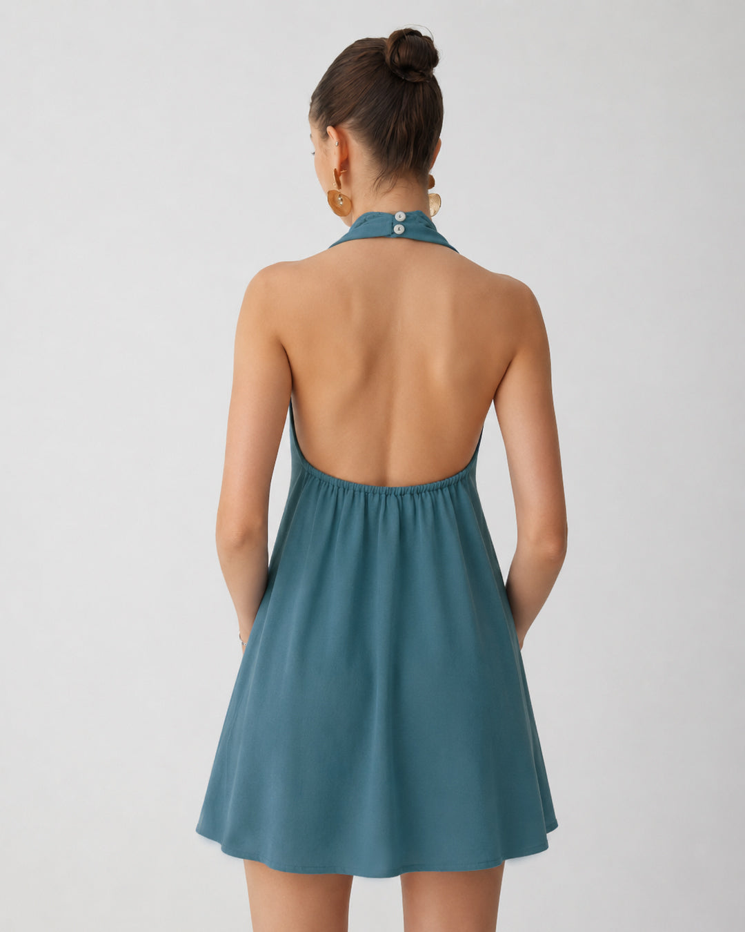 Button Detail Halter Mini Dress in Teal Blue