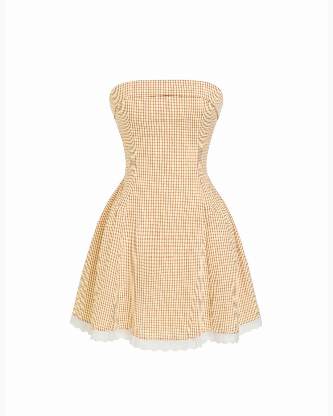 Gingham Strapless Fit and Flare Mini Dress in Butter Yellow