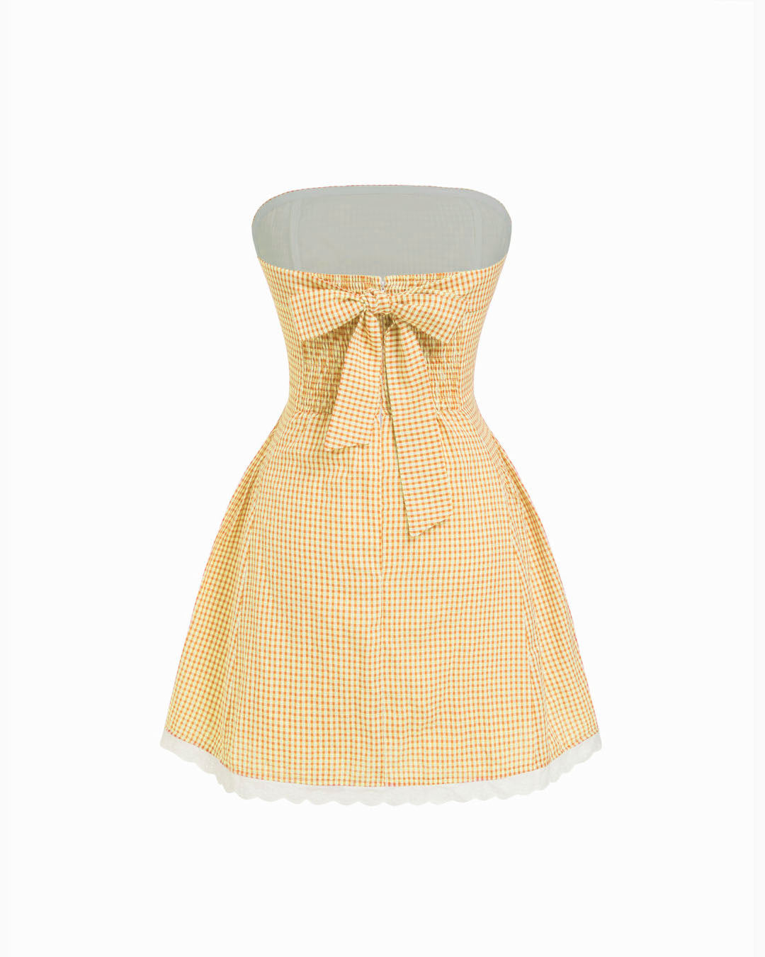 Gingham Strapless Fit and Flare Mini Dress in Butter Yellow