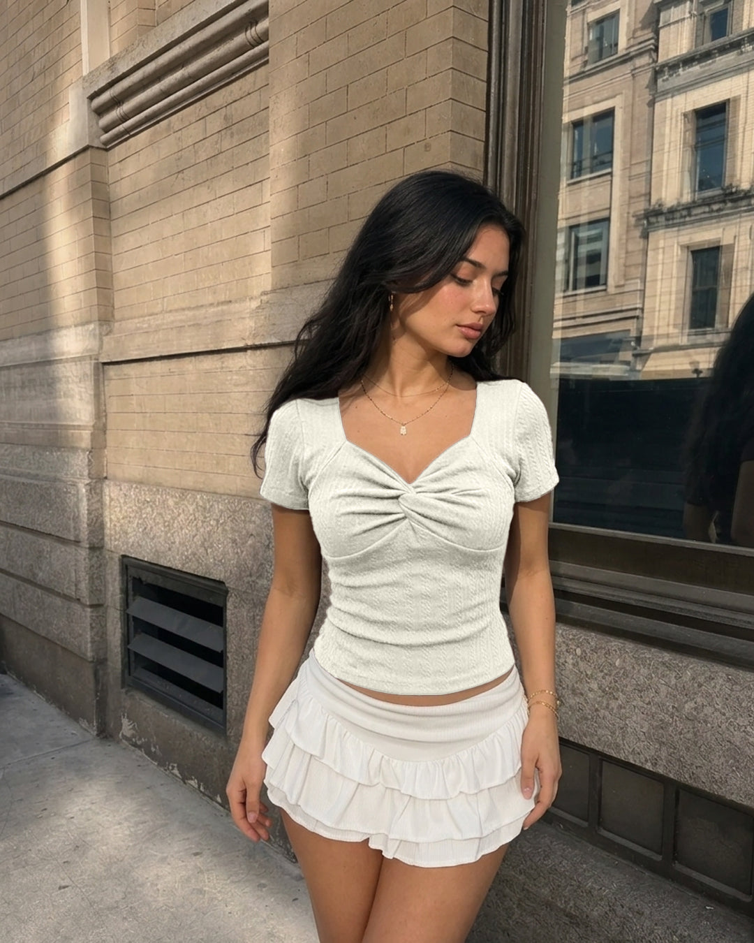 Twist Front Ribbed Top in Pearl White