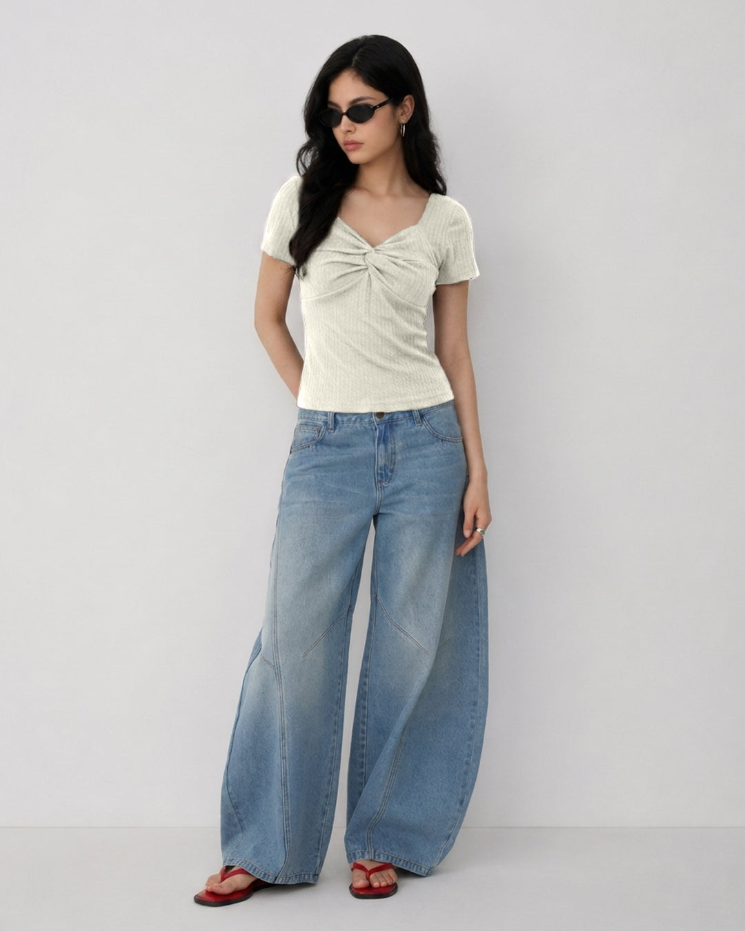Twist Front Ribbed Top in Pearl White