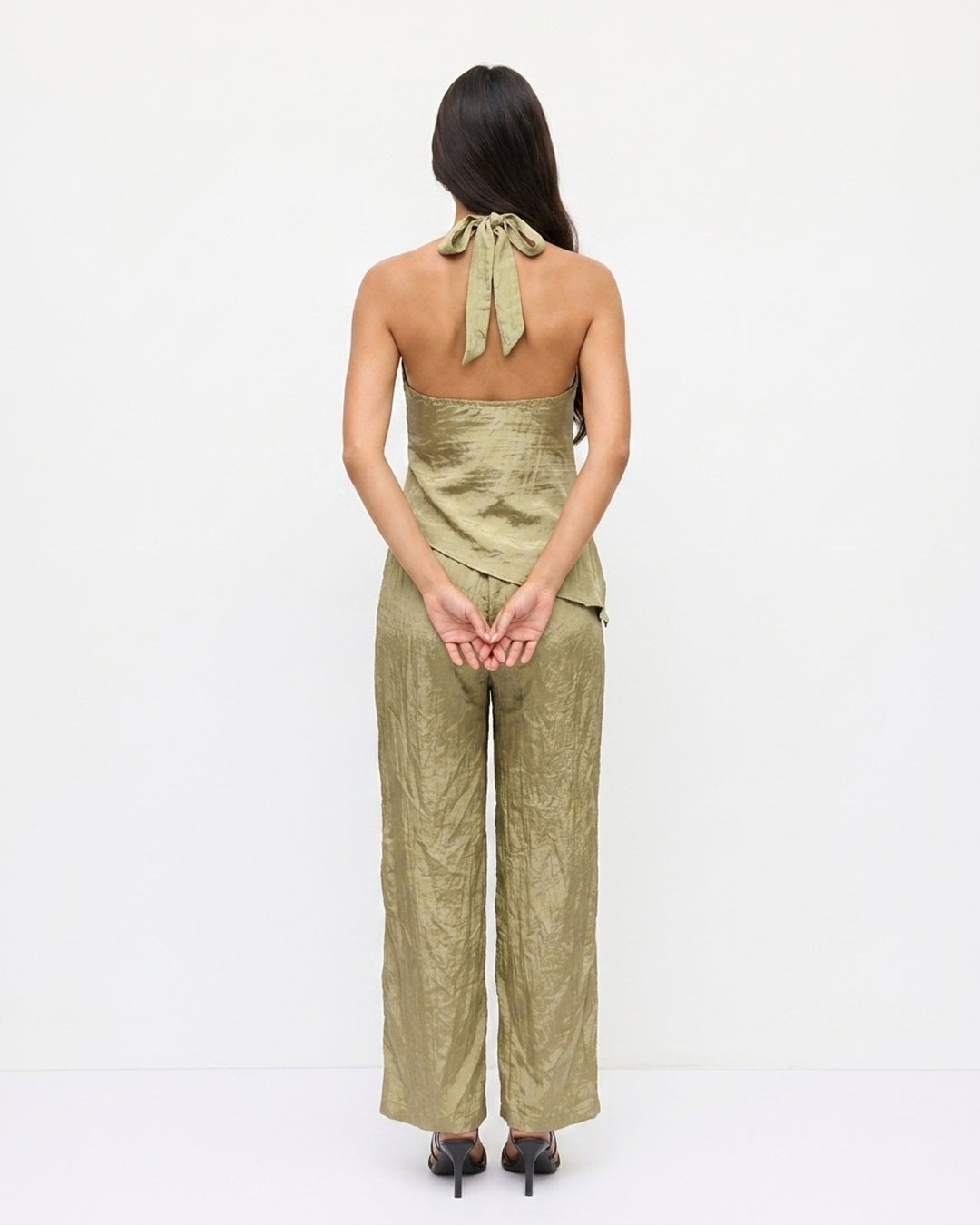 Mock Neck Asymmetric Top and Wide Leg Trousers Co-Ord Set in Olive Green