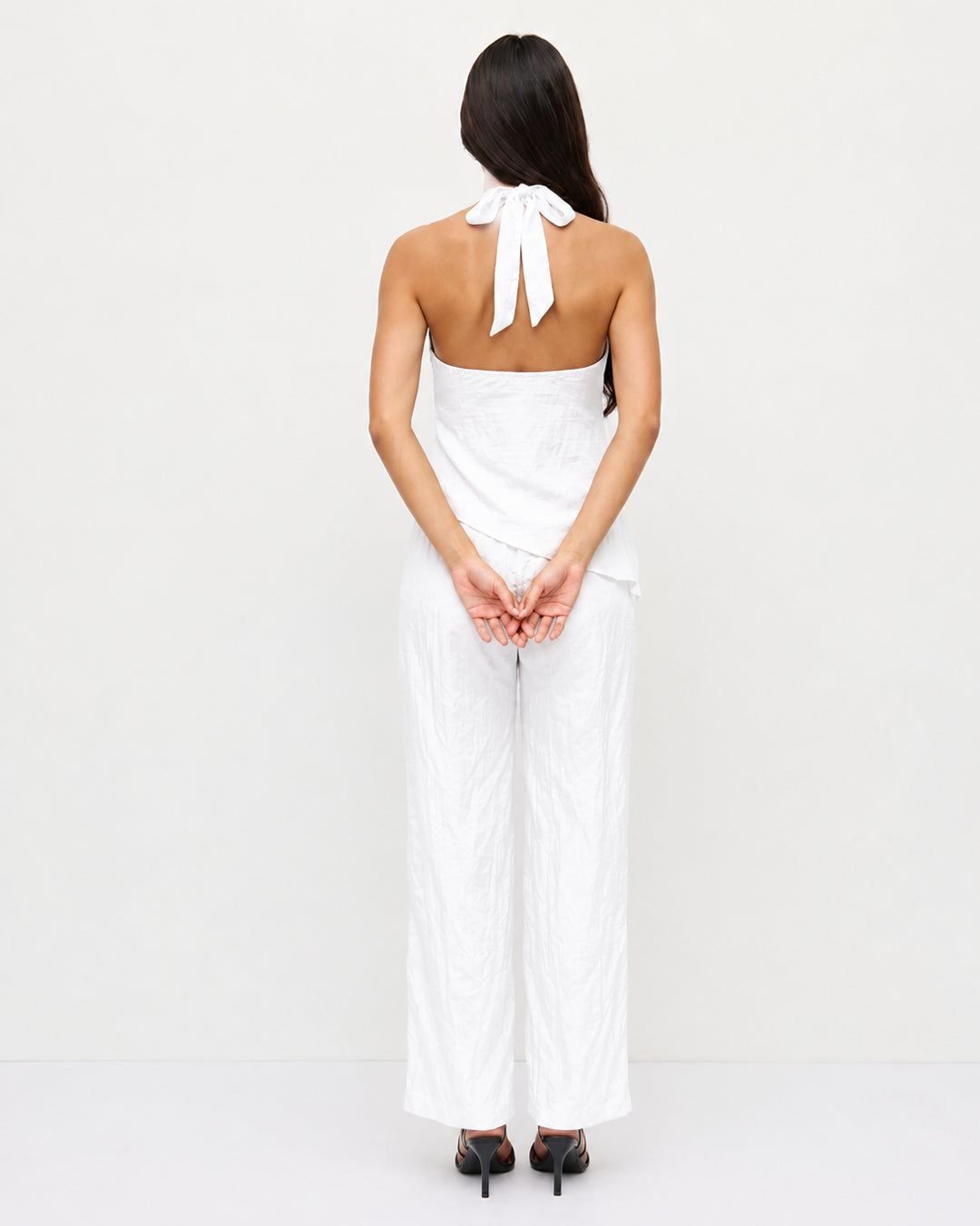 Mock Neck Asymmetric Top and Wide Leg Trousers Co-Ord Set in Classic White