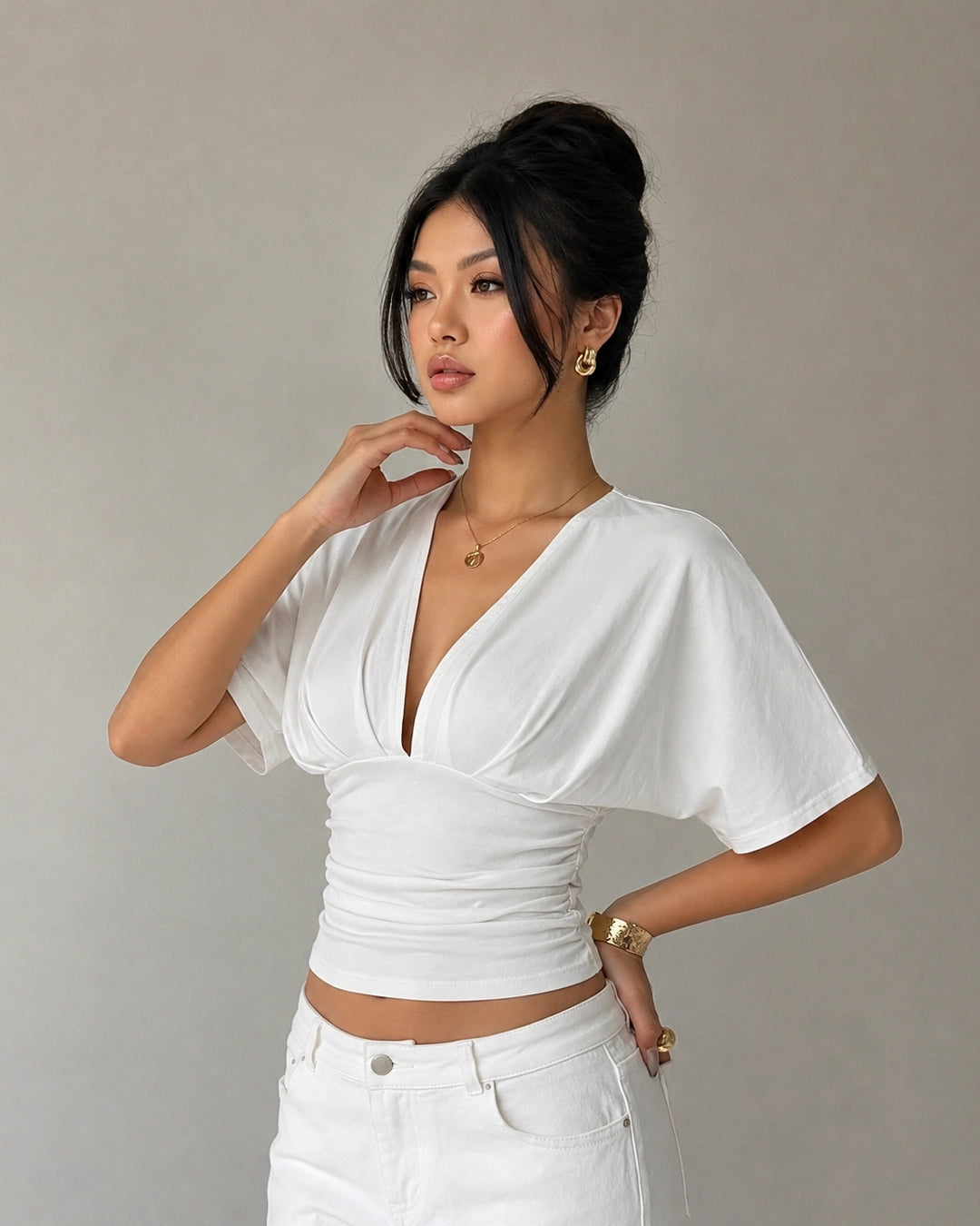 Blouson Ruched Waist Top in Off White