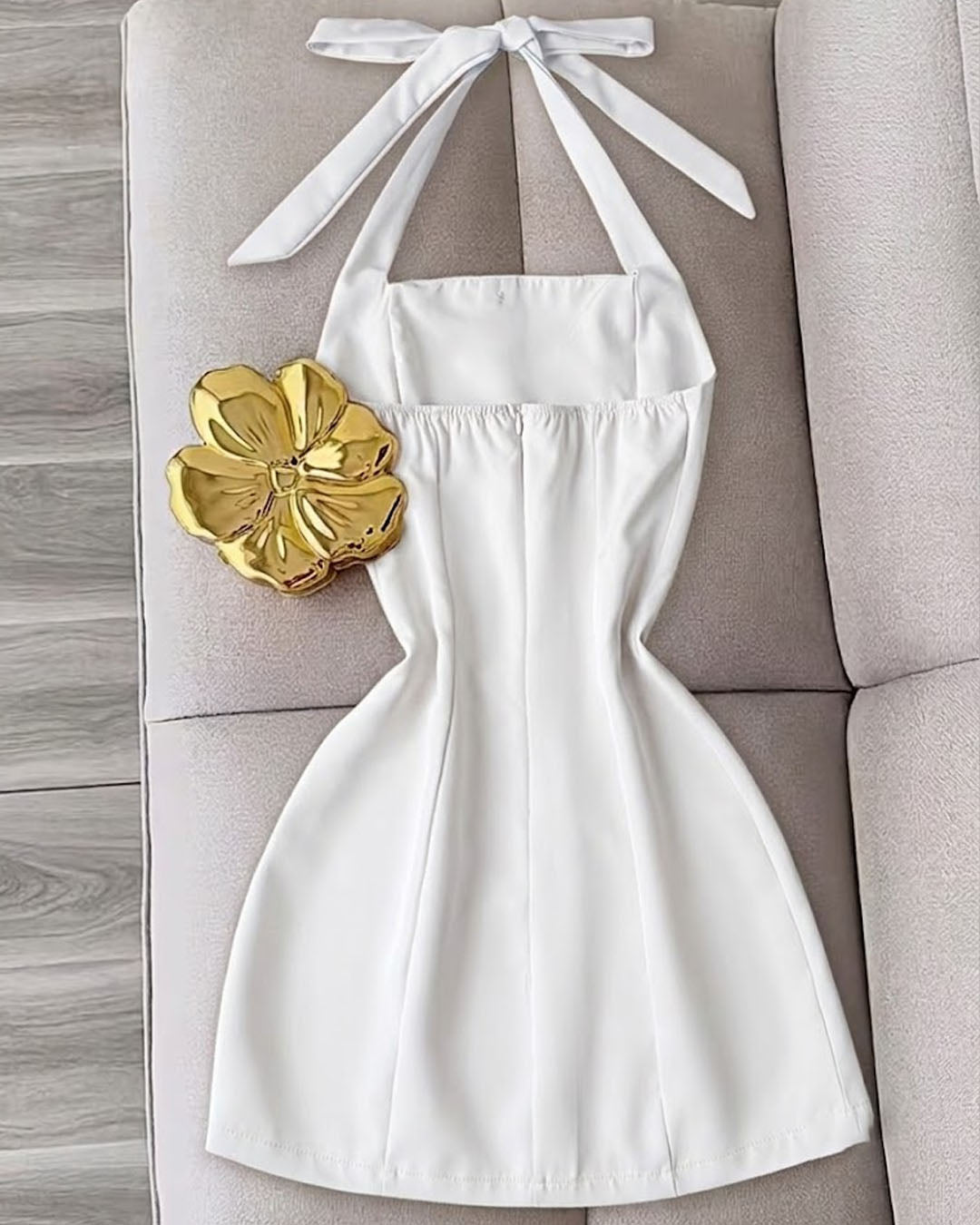 Button Detail Halter Fitted Mini Dress in Classic White