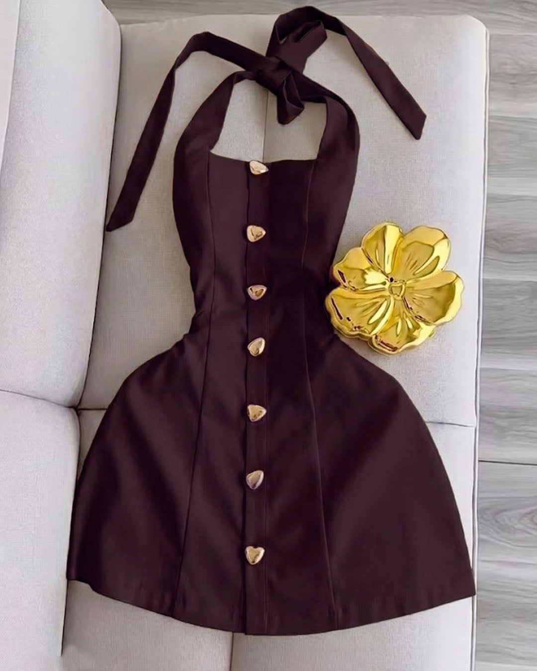 Button Detail Halter Fitted Mini Dress in Deep Wine