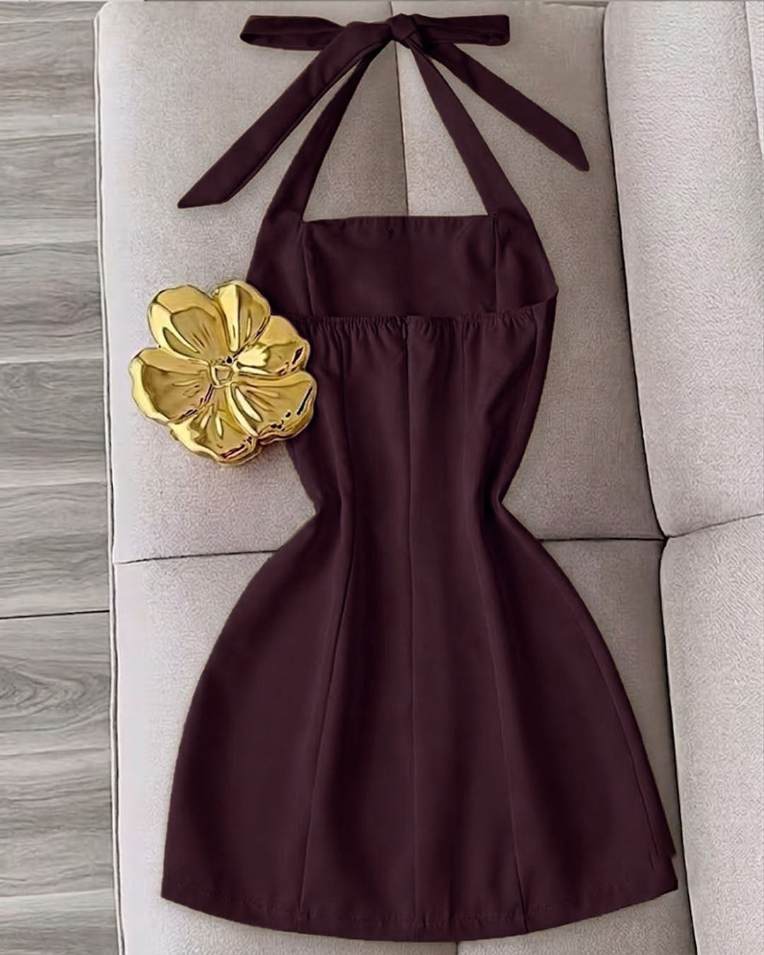 Button Detail Halter Fitted Mini Dress in Deep Wine