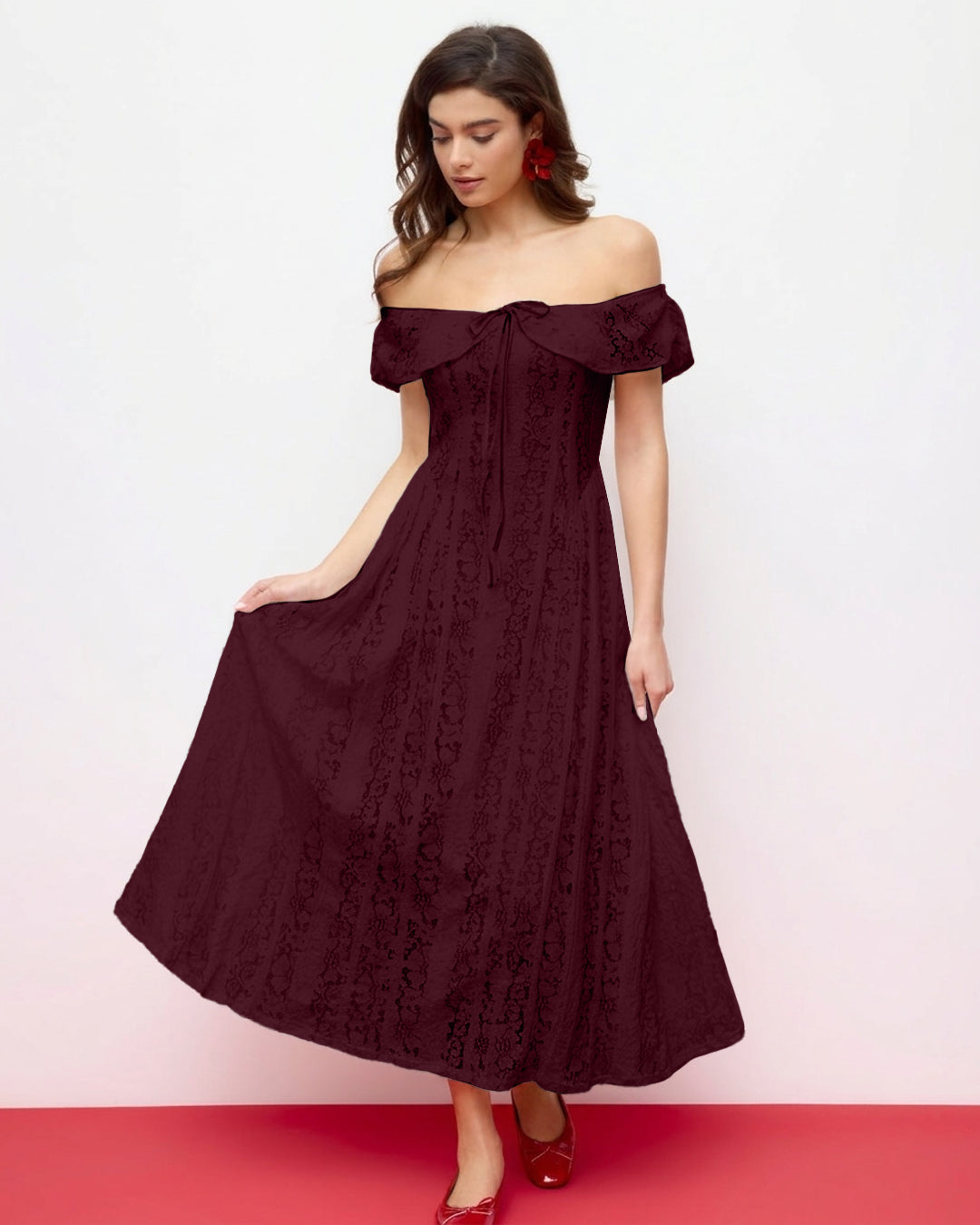 Off Shoulder Lace Midi Dress in Wine Maroon