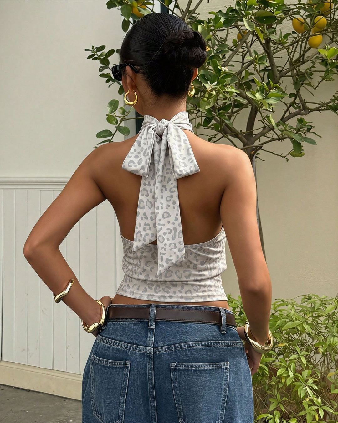 Leopard Print Halter Neck Tie Back Top in Ivory