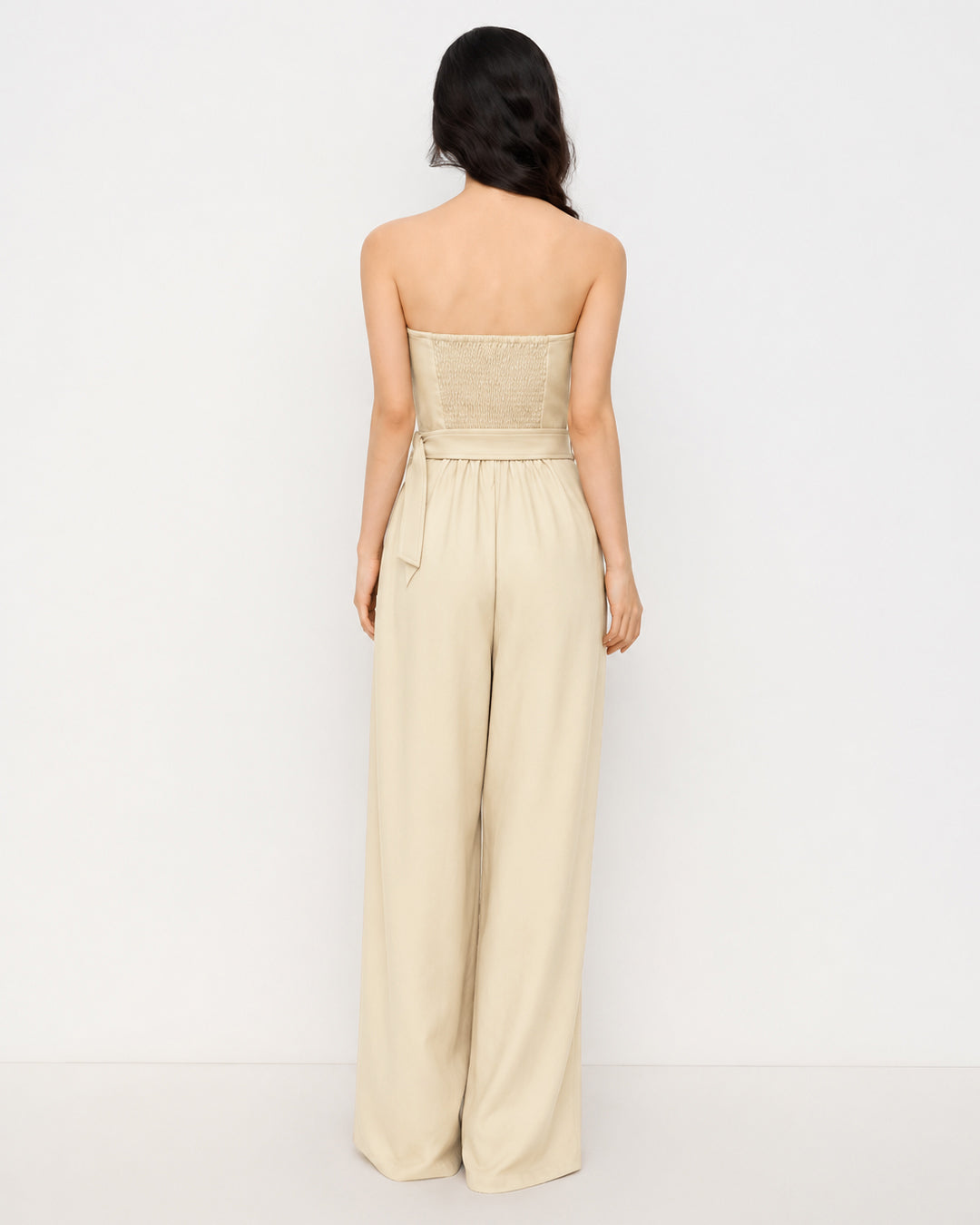 Belted Strapless Wide Leg Jumpsuit in Cream