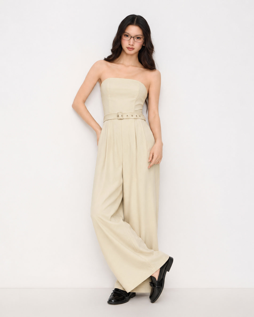 Belted Strapless Wide Leg Jumpsuit in Cream
