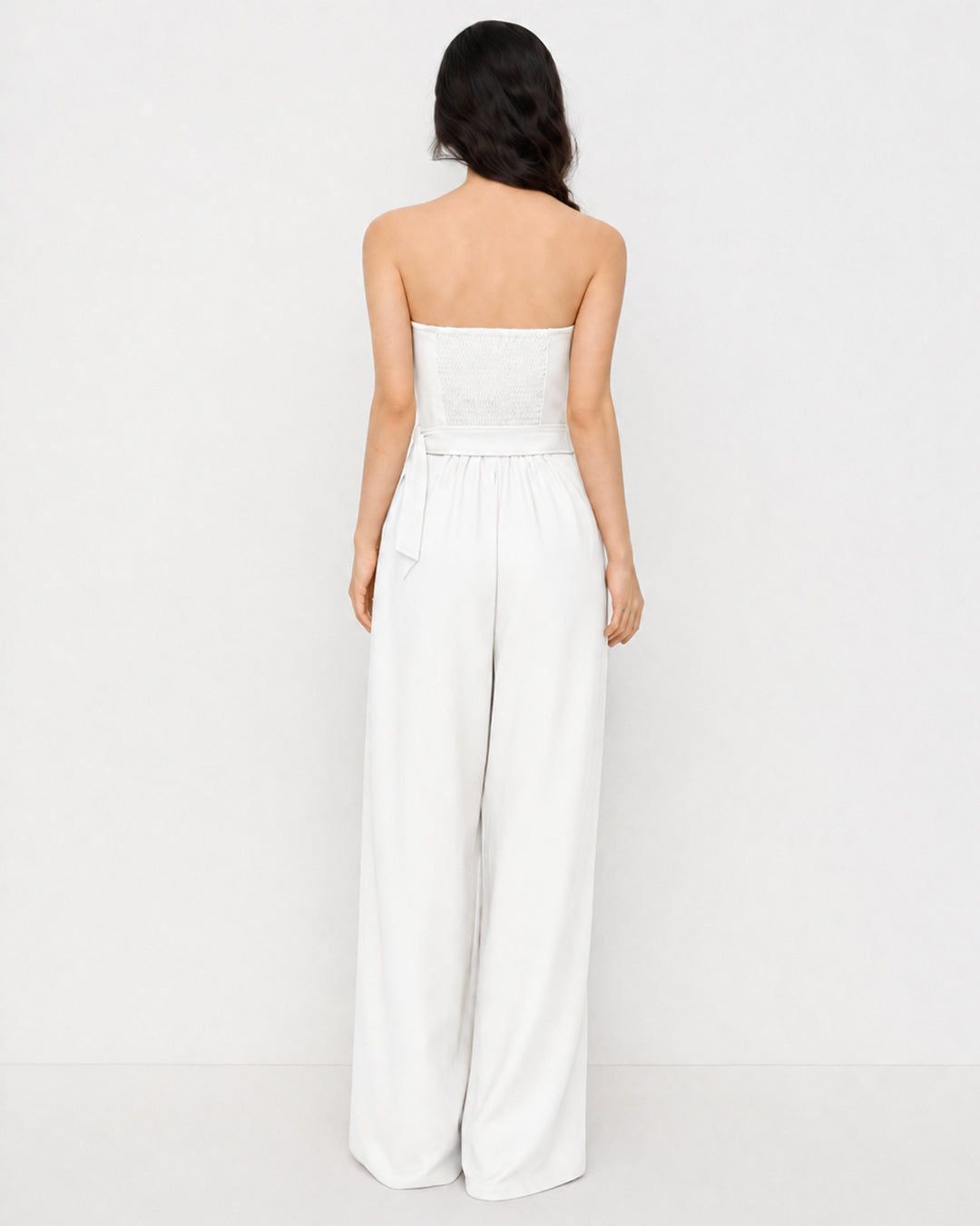 Belted Strapless Wide Leg Jumpsuit in Classic White