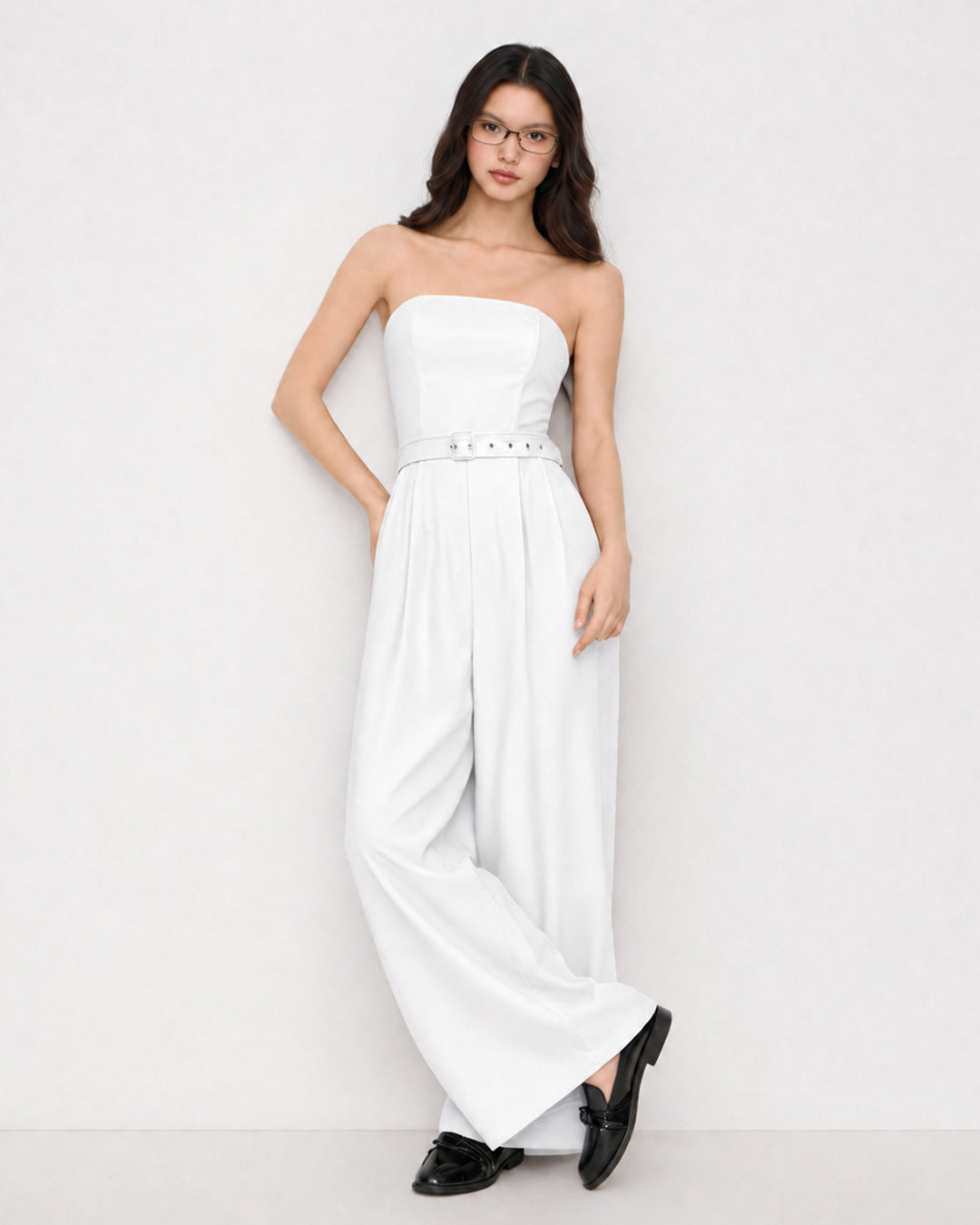 Belted Strapless Wide Leg Jumpsuit in Classic White