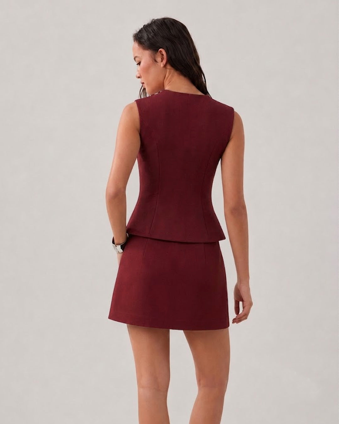 Button Down Vest Top and Mini Skirt Co-Ord Set in Burgundy