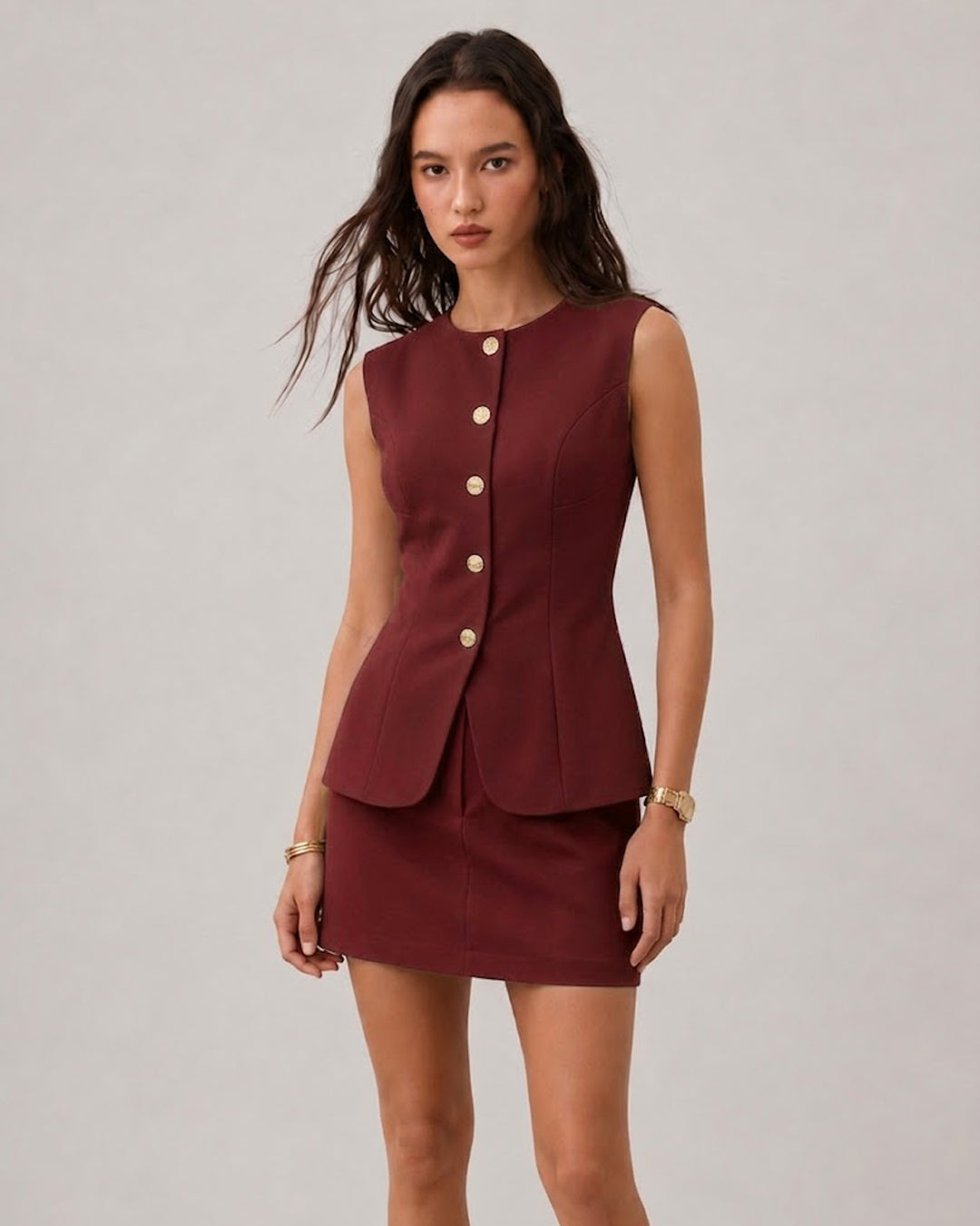 Button Down Vest Top and Mini Skirt Co-Ord Set in Burgundy