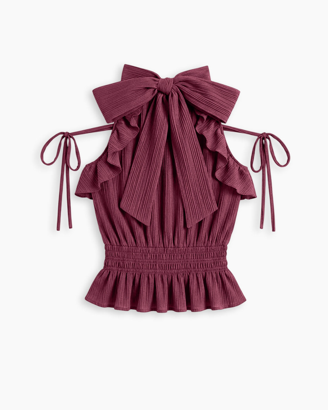Ruffle Trim Tie Neck Top in Wine Maroon