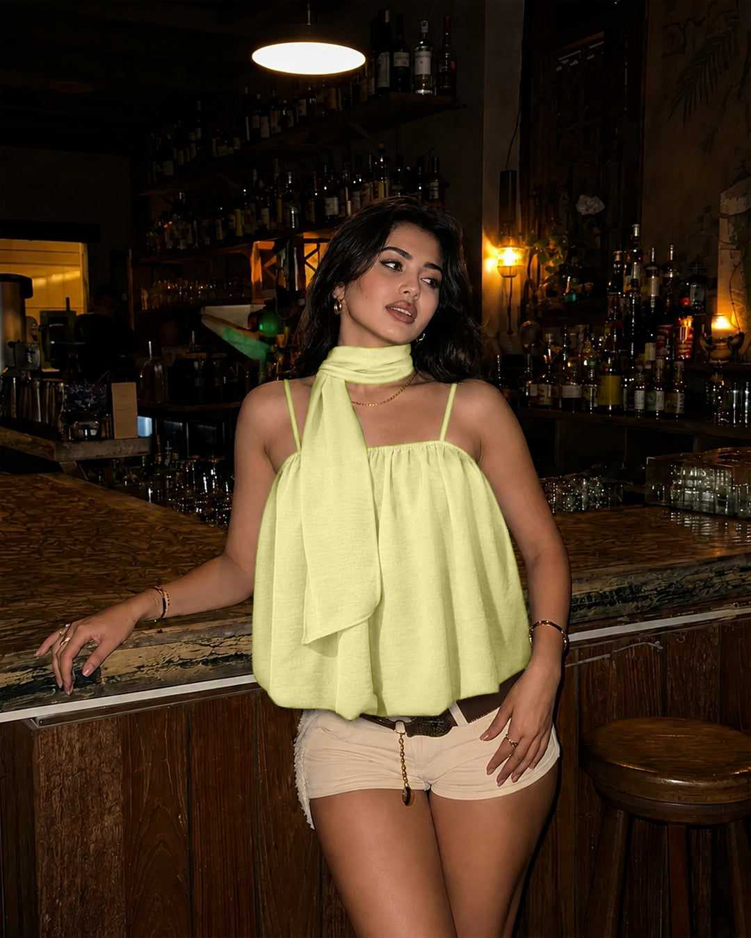 Ruched Bubble Hem Cami Top in Pastel Yellow