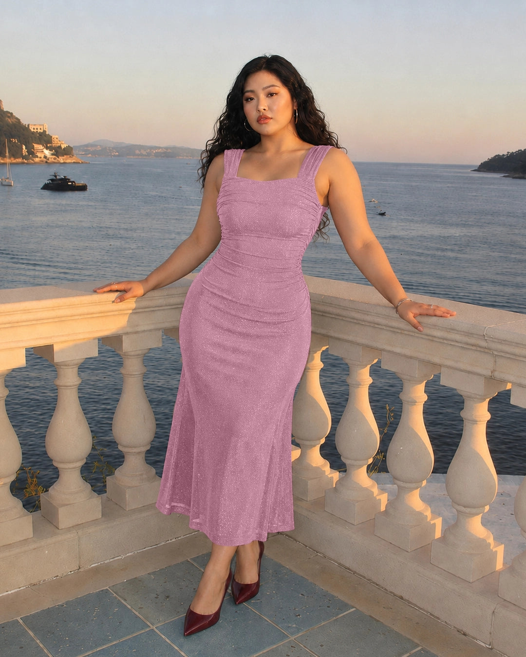Square Neck Maxi Dress Curve and Plus in Dusty Pink