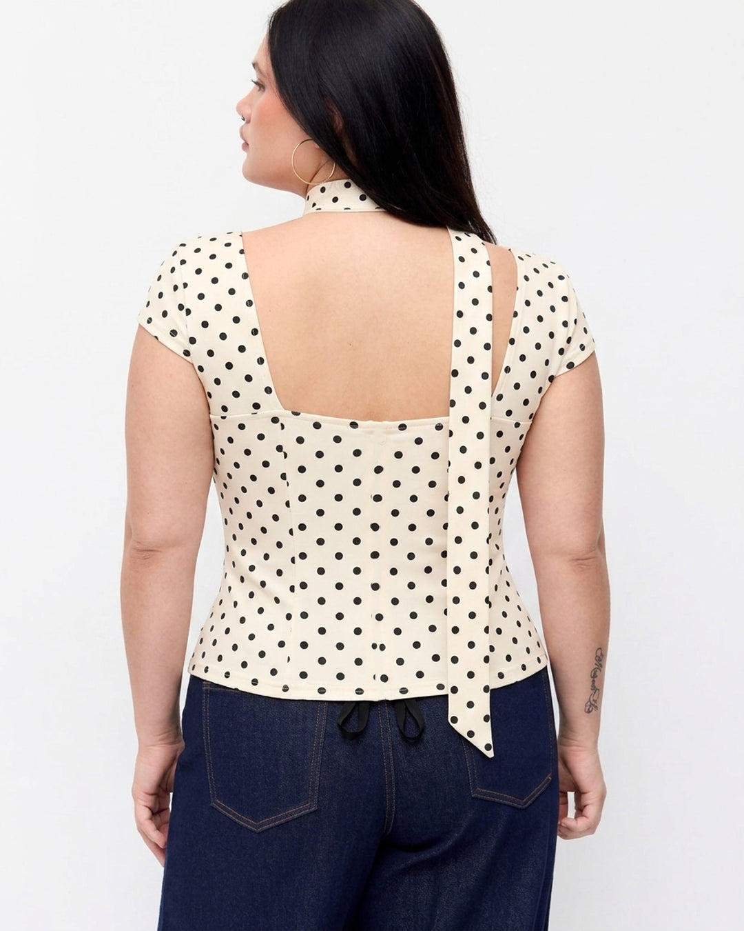 Polka Dot Scarf Neck Top Curve and Plus in Cream
