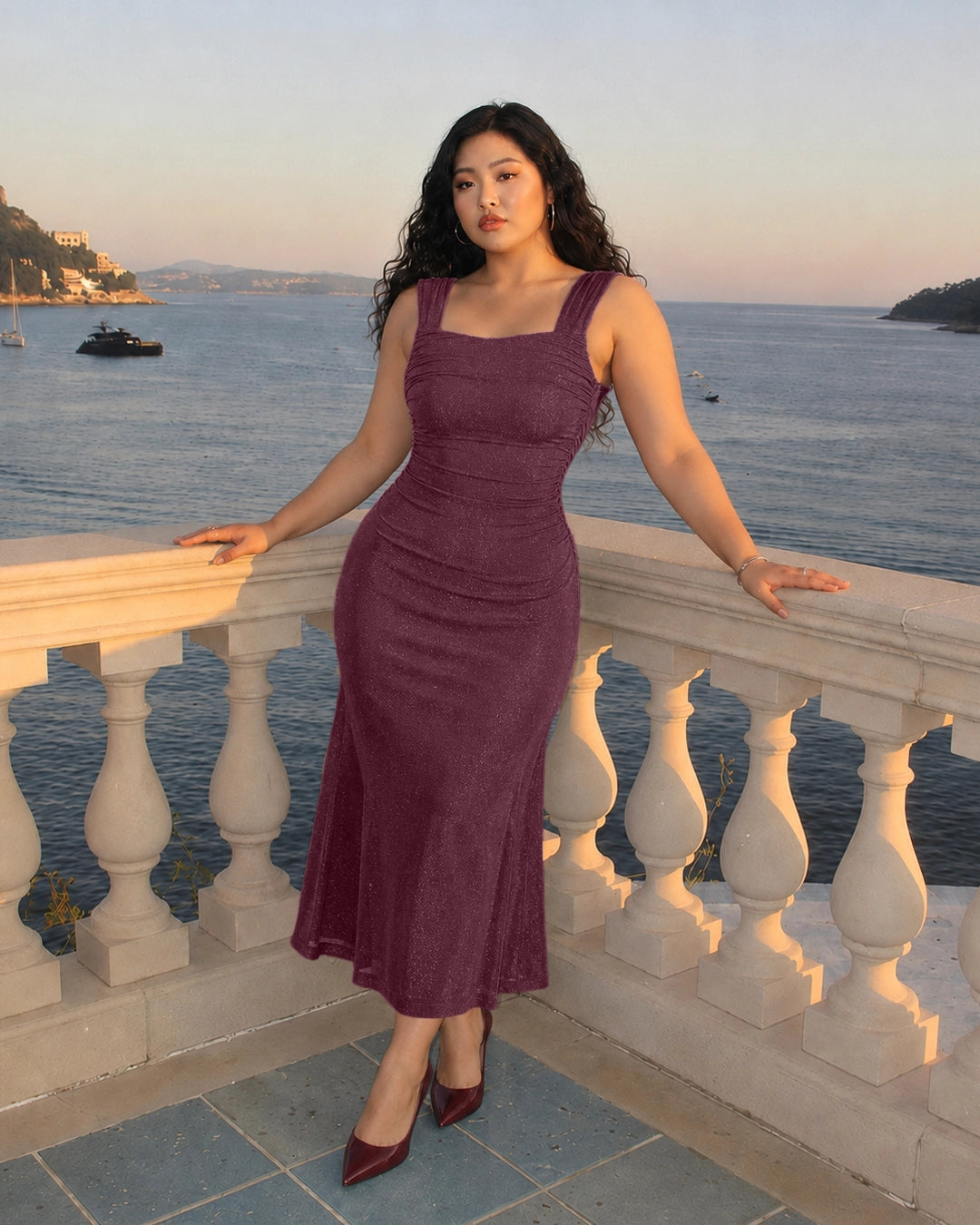 Square Neck Maxi Dress Curve and Plus in Wine Maroon