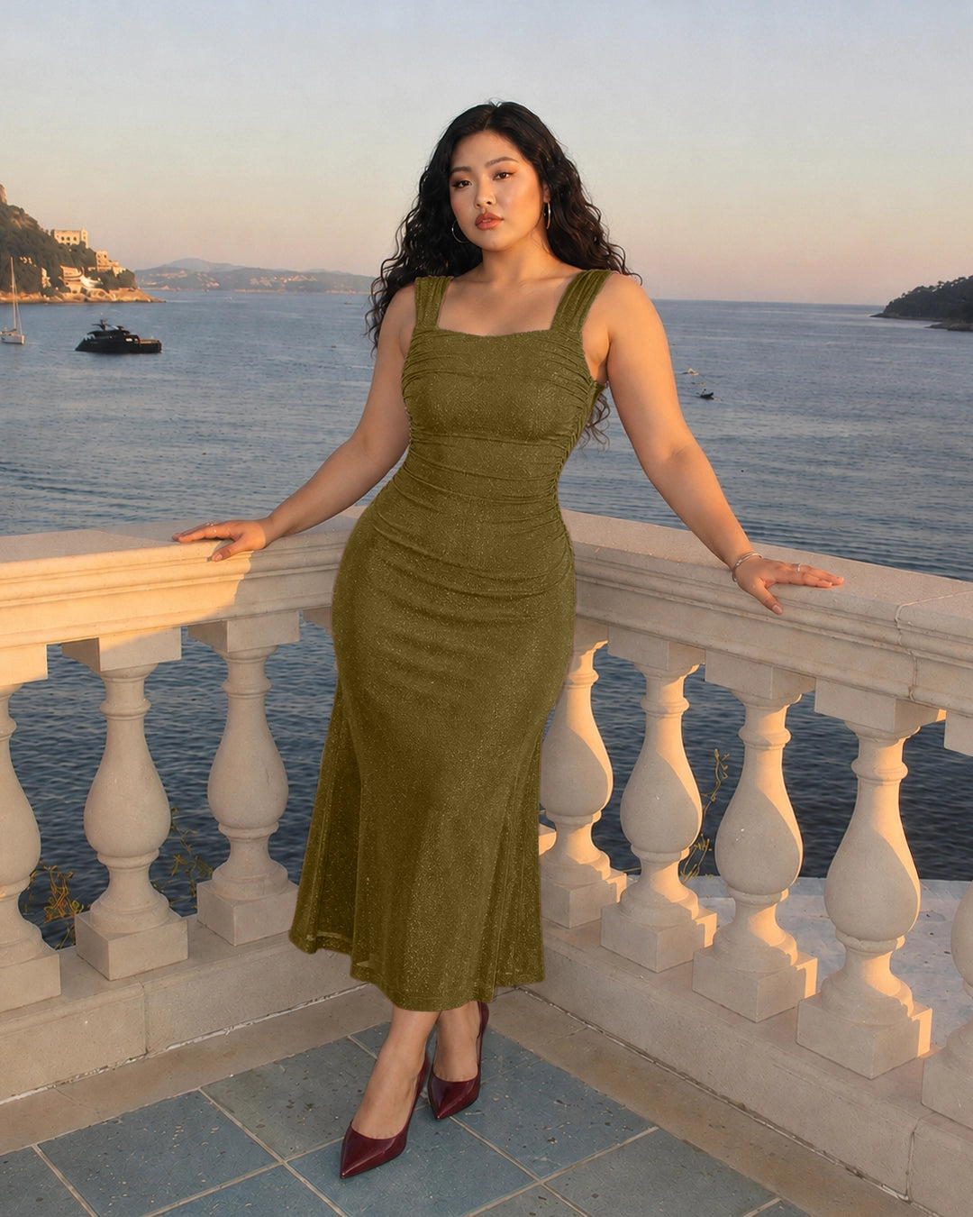 Square Neck Maxi Dress Curve and Plus in Olive Green