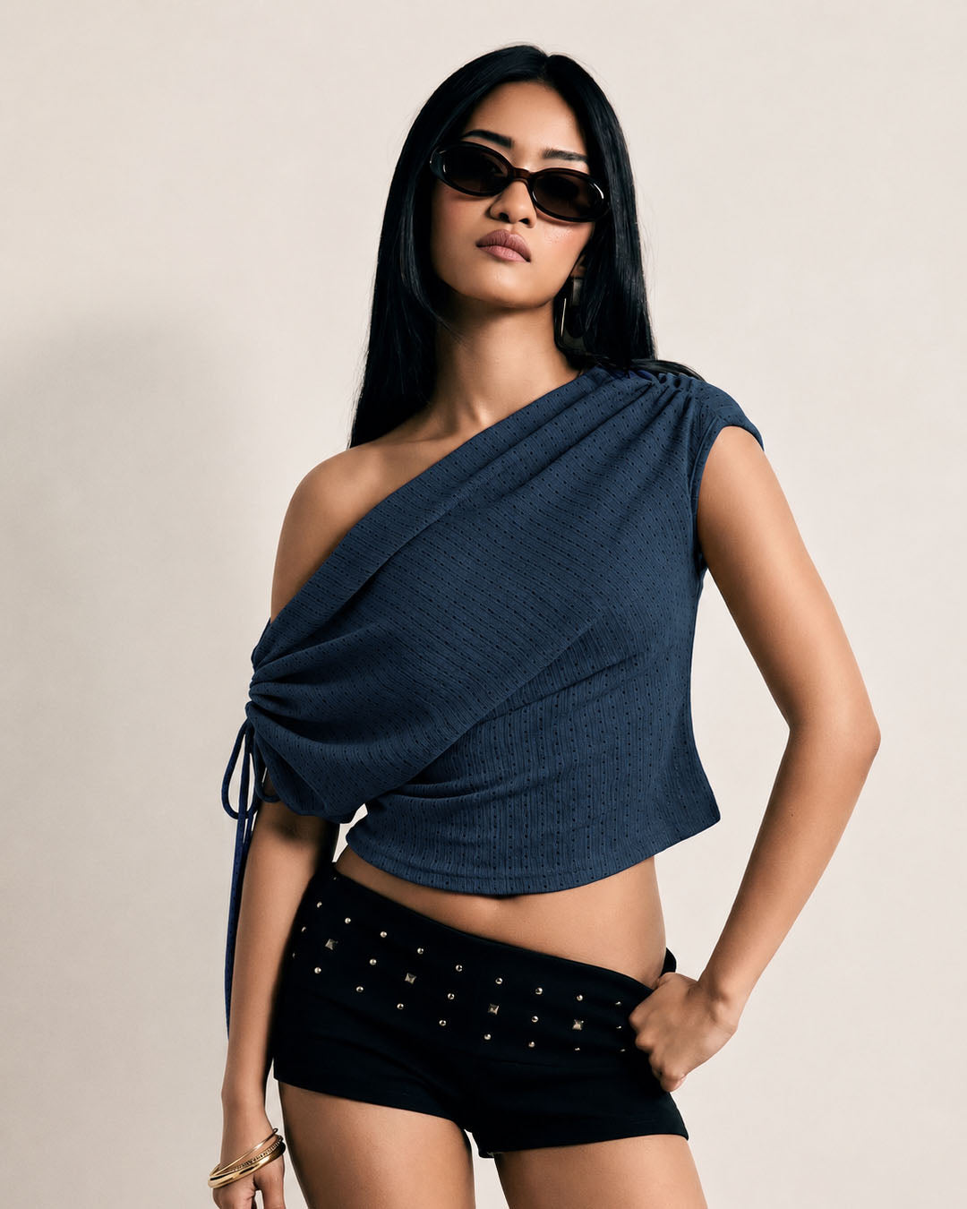 Ruched Asymmetrical Off Shoulder Top in Dark Navy Blue
