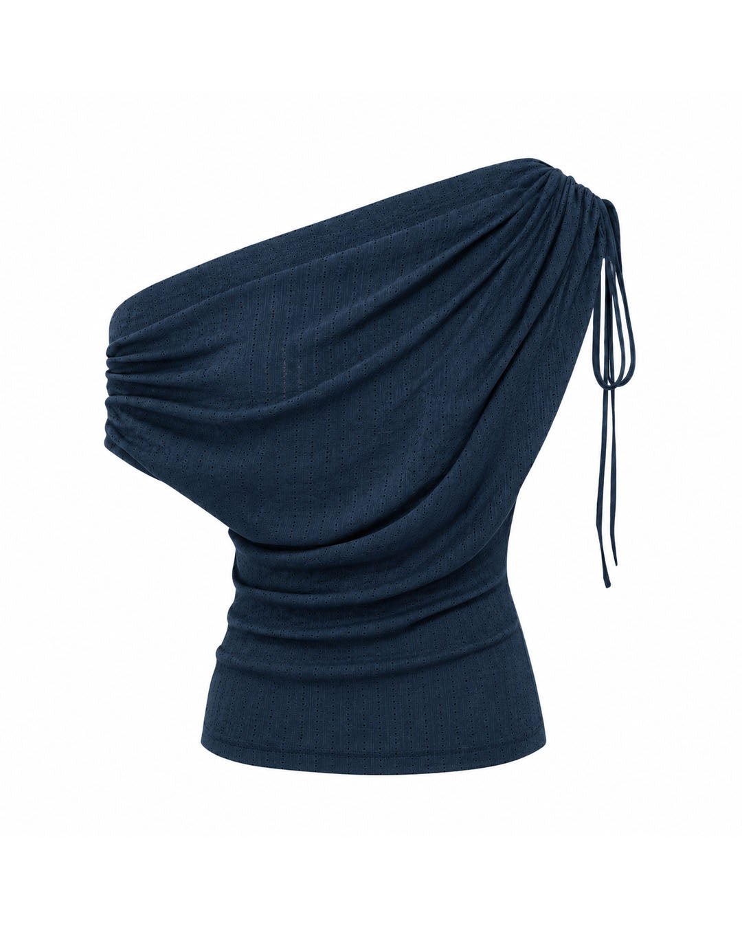 Ruched Asymmetrical Off Shoulder Top in Dark Navy Blue