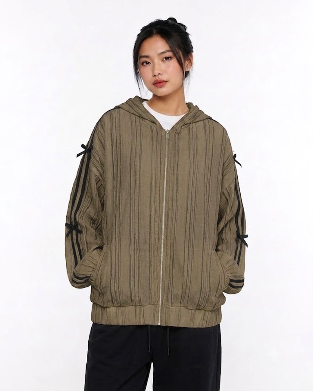 Contrast Stripe Hooded Zip Up Jacket in Mocha Brown